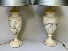 Pair Large Italian Neoclassical Black & White Marble Lamps with Grey Tole Shades