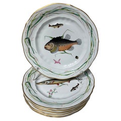 Sechser-Set französischer, vergoldeter Porzellan-Fischteller