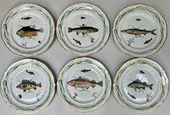 Sechser-Set französischer, vergoldeter Porzellan-Fischteller
