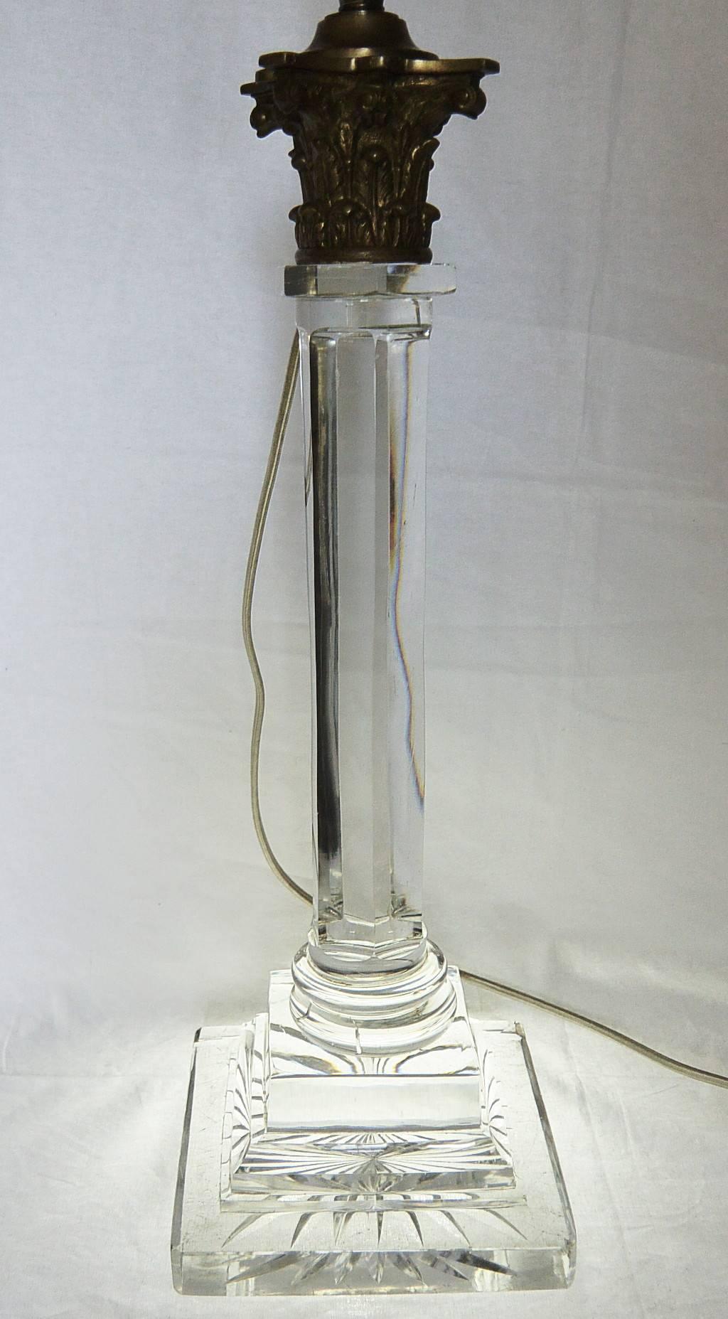 19th Century English Crystal Column Lamp