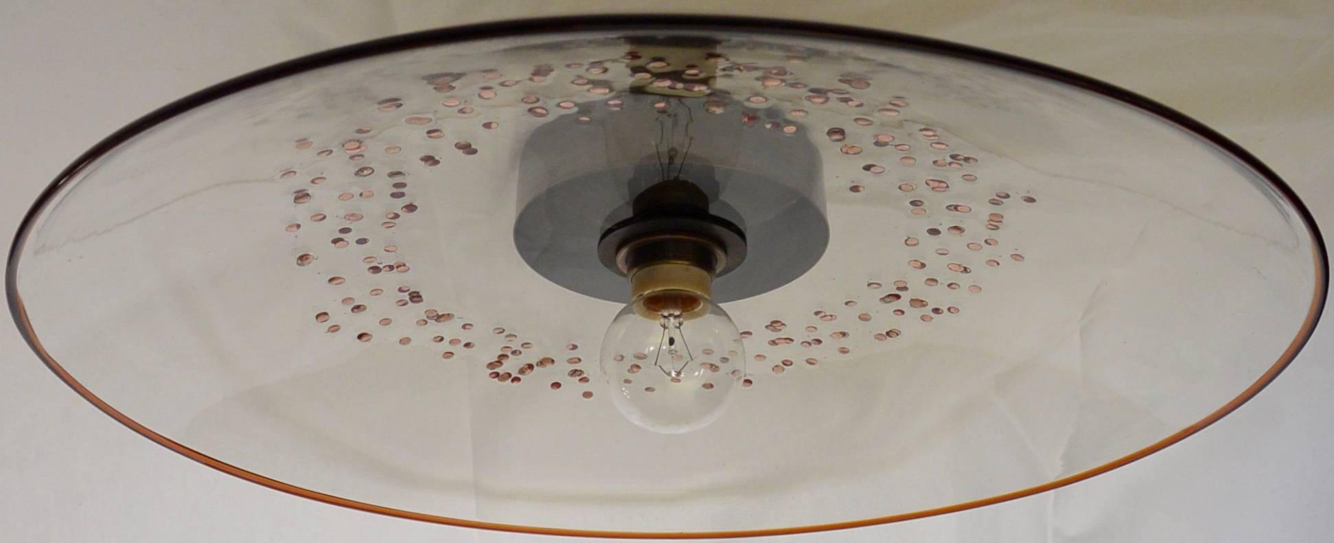 Midcentury Murano glass ceiling fixture with gold and bordeaux inclusions and rim. Signed 