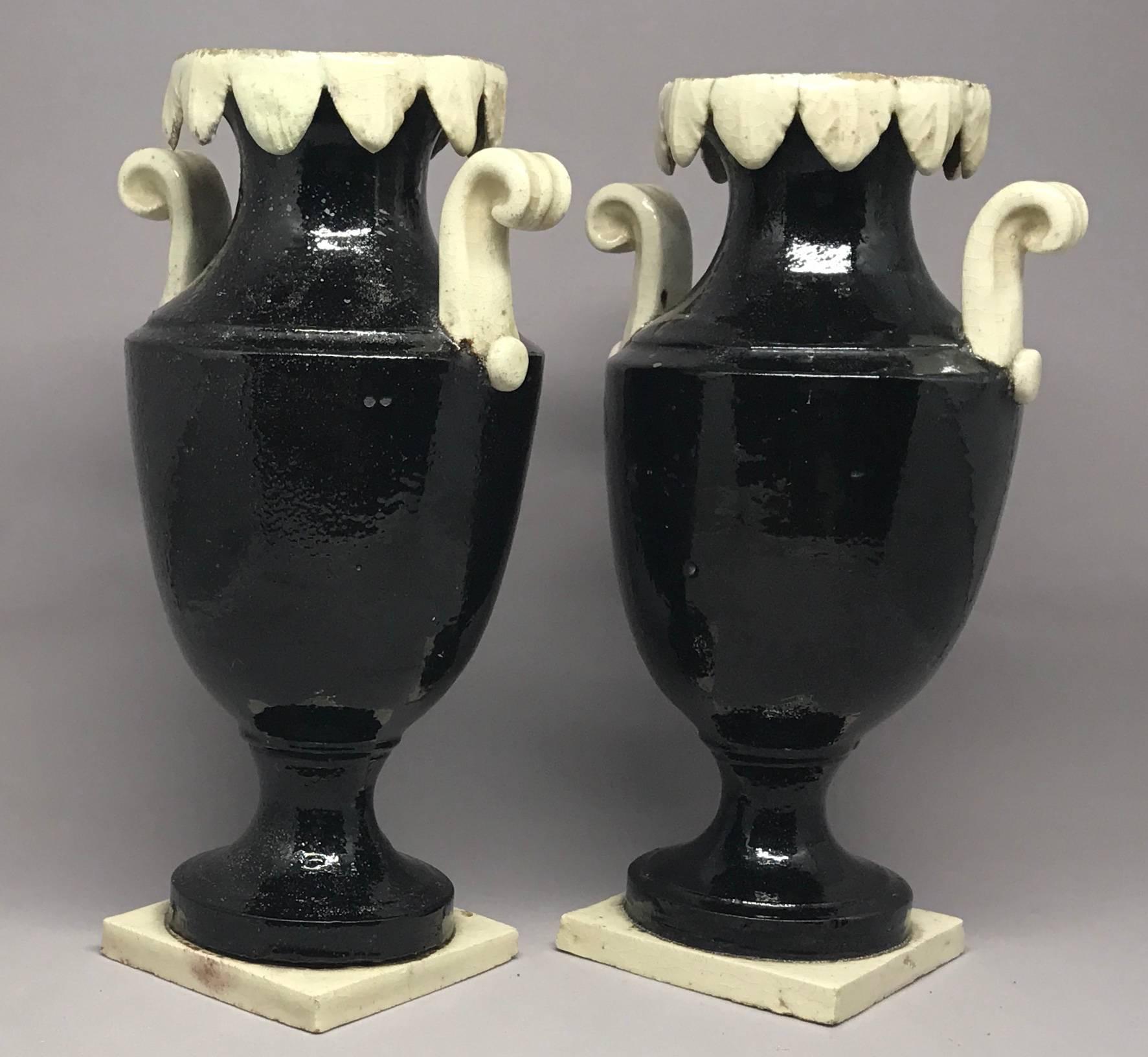Porcelain Pair of Neoclassical Black and White Giustiniani Urns For Sale