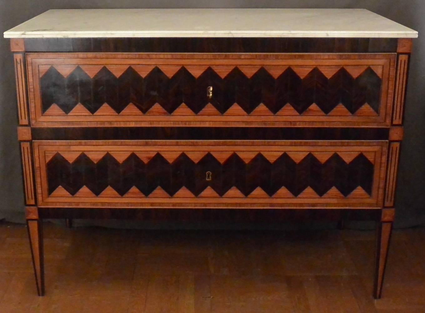 Marquetry Italian Louis XVI Period Marble Topped Chest of Drawers