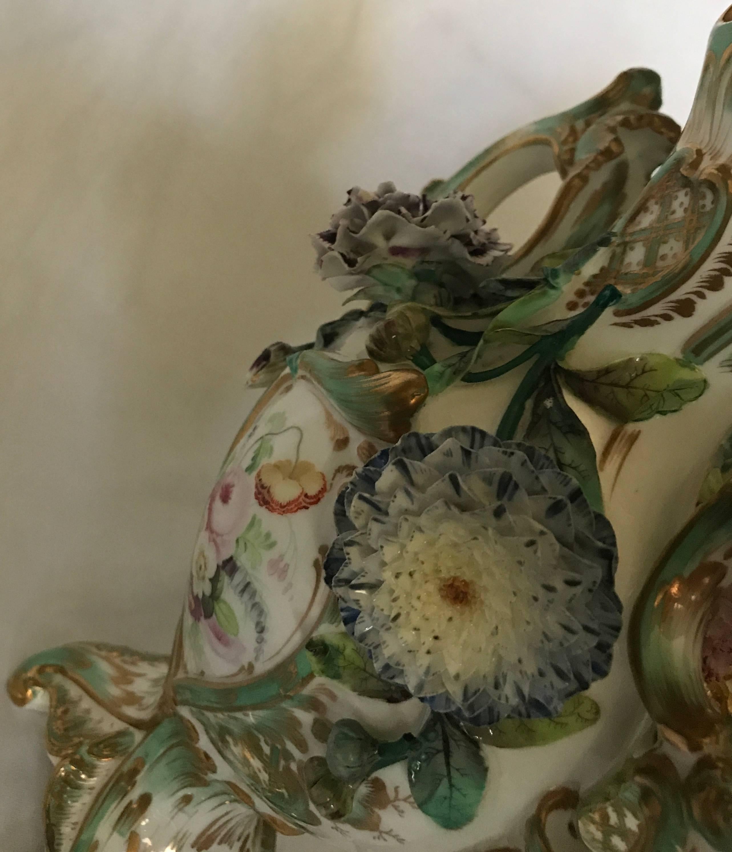Pair Green and Gilt Painted Rockingham Vases 3