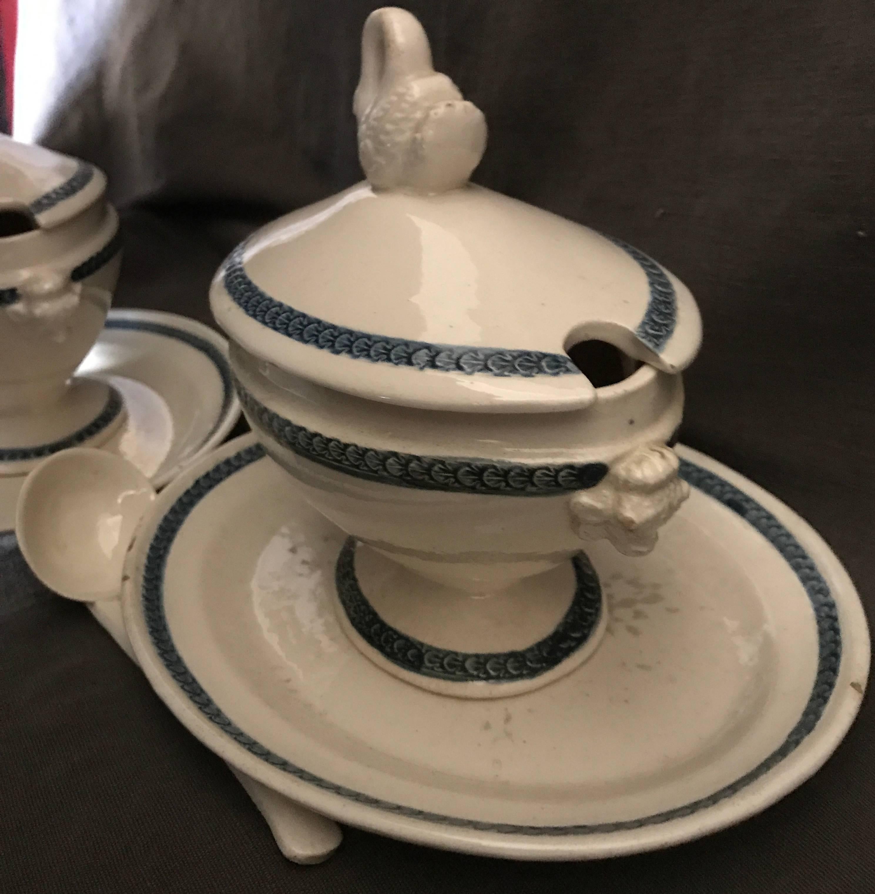 Creamware Pair Blue and White Swan Sauce Boats For Sale