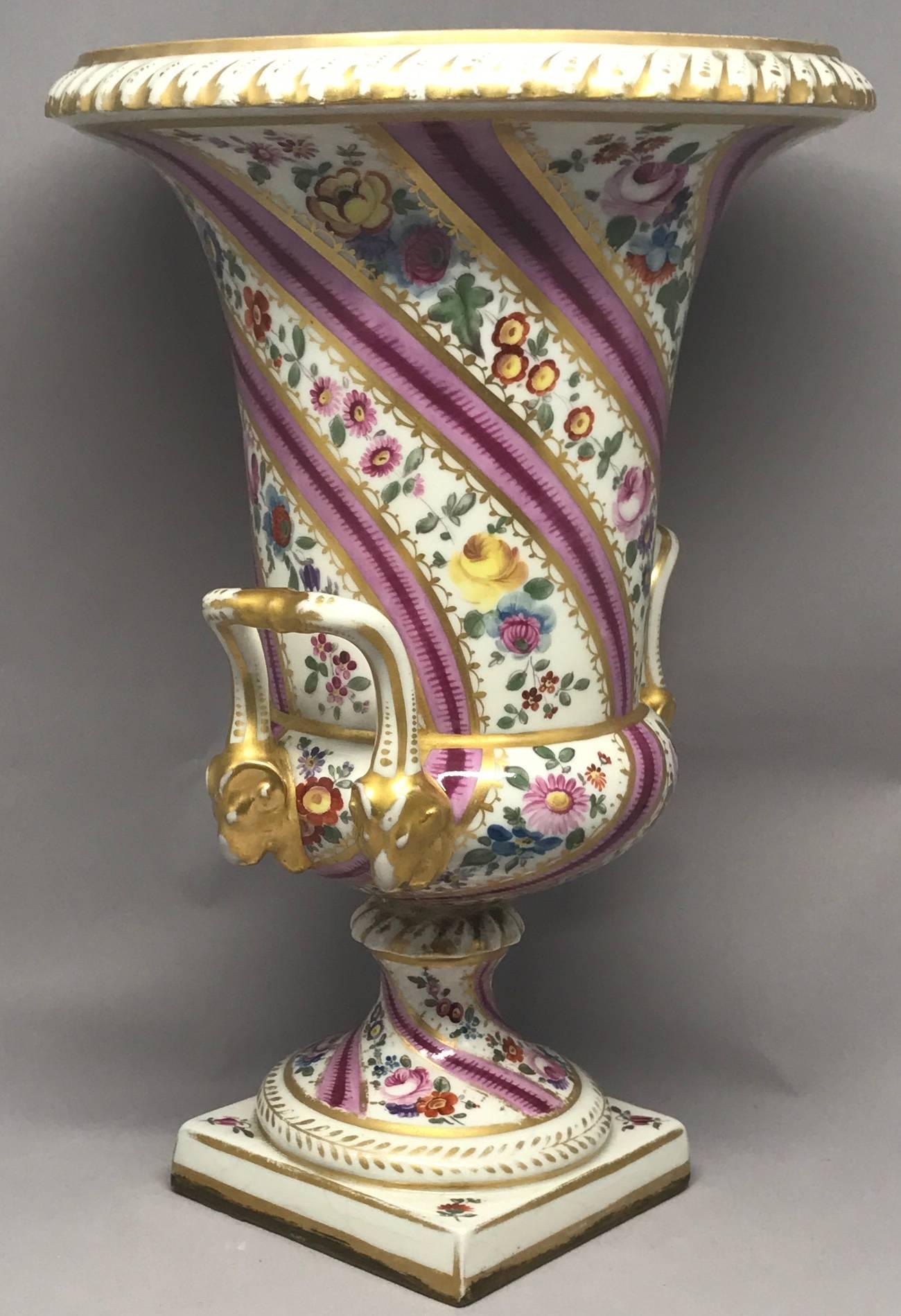 Neoclassical Pair Pink Floral and Gilt Porcelain Painted Urns For Sale