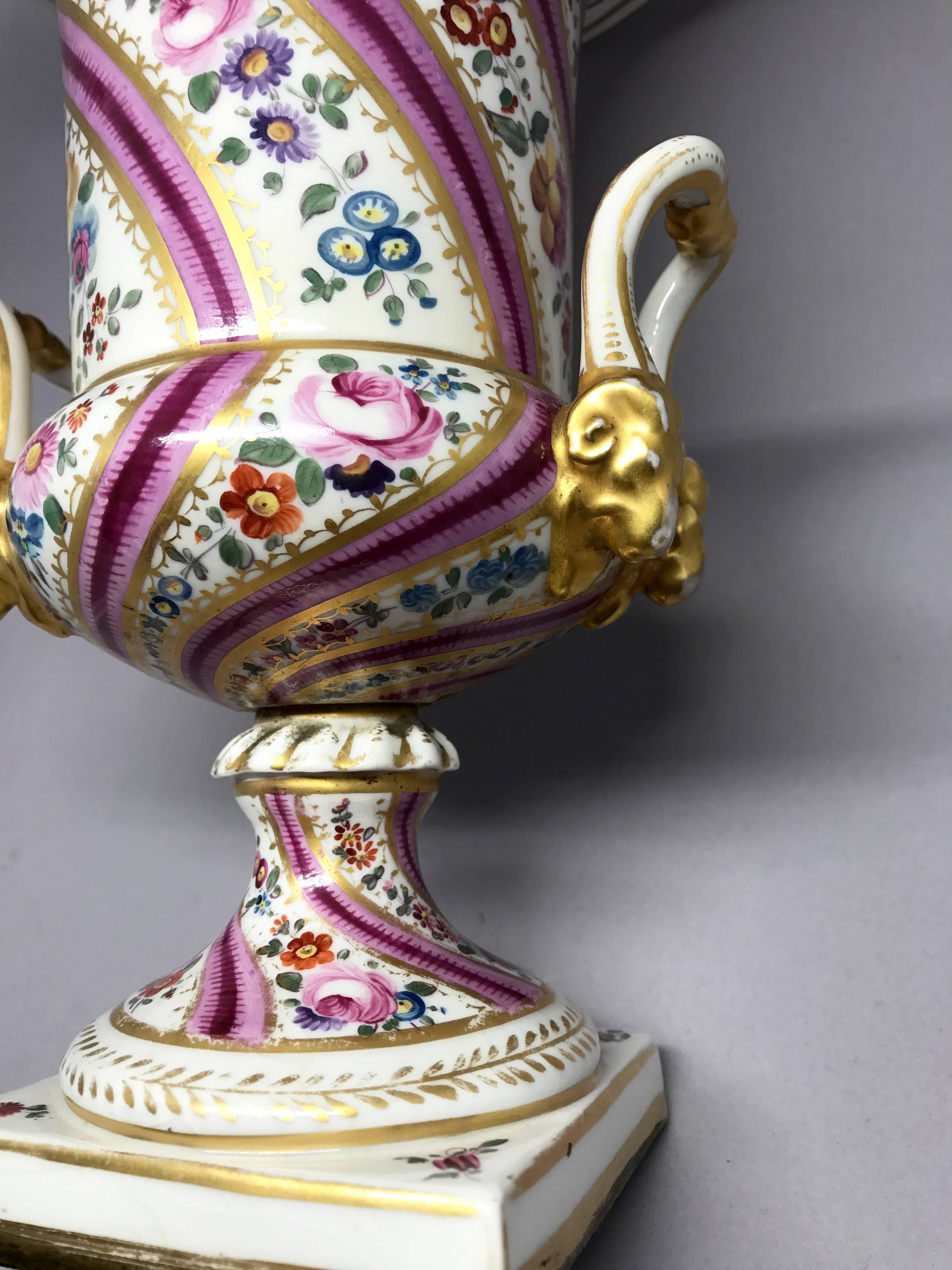 English Pair Pink Floral and Gilt Porcelain Painted Urns For Sale