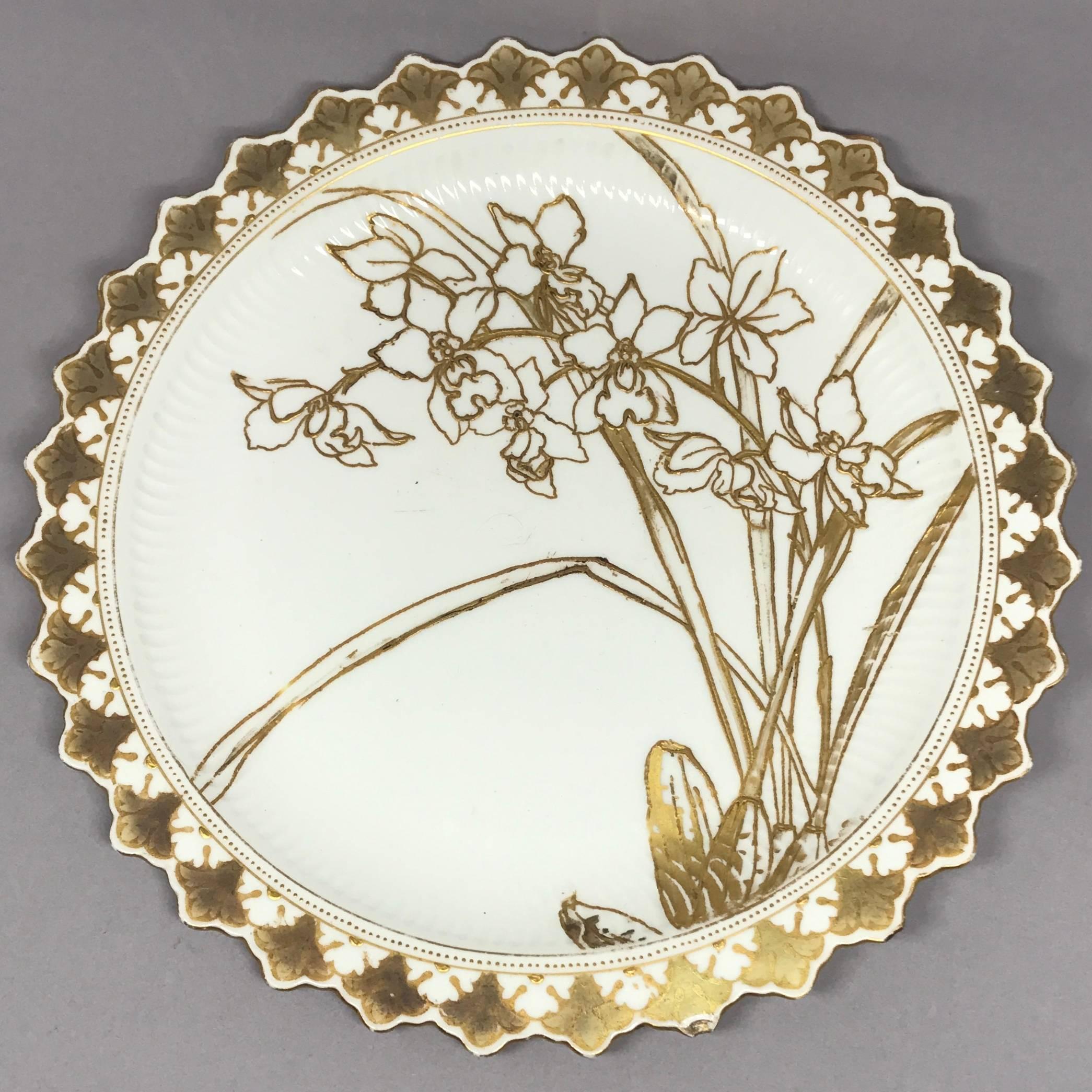 Set of Six Aesthetic Movement Gilt Painted Orchid Plates 1