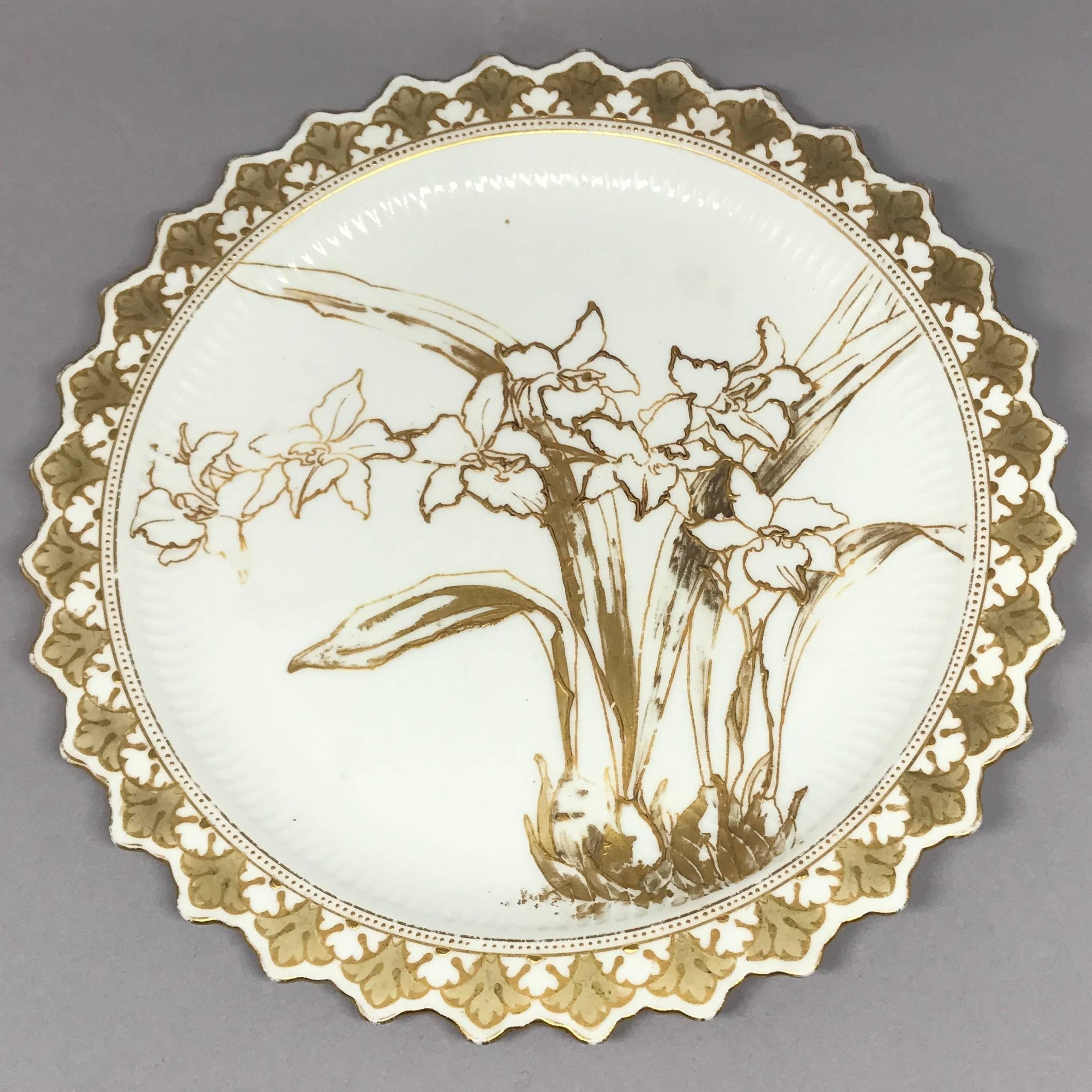 Set of Six Aesthetic Movement Gilt Painted Orchid Plates 2