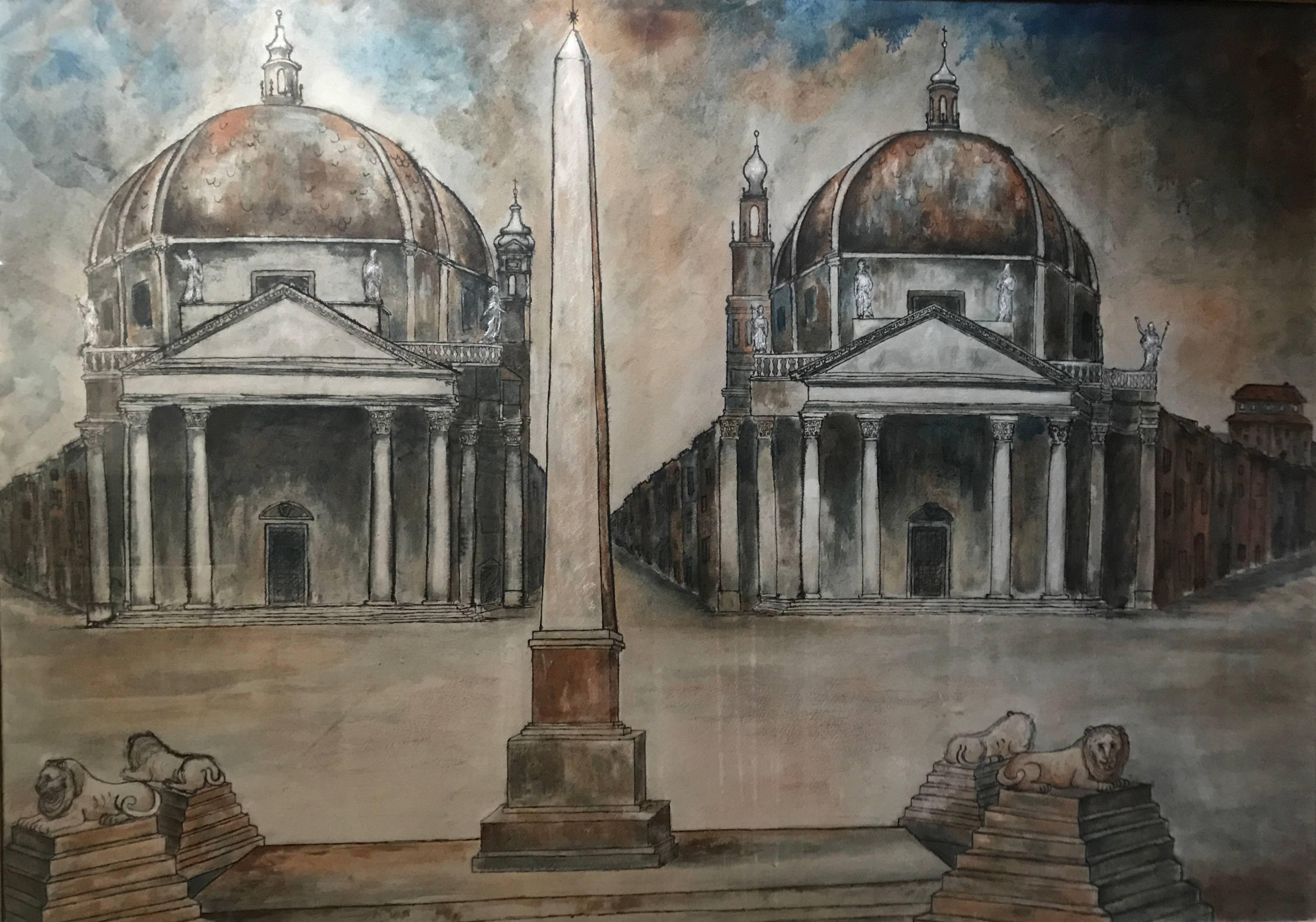 Mid-century view of Piazza del Popolo. Large pastel and gouache on paper of the obelisk with lions and the twin churches of the famous Piazza Del Popolo in Rome. Signed lower right "E. Jones" Italy, circa 1962. 
Dimensions: 39.5" W x