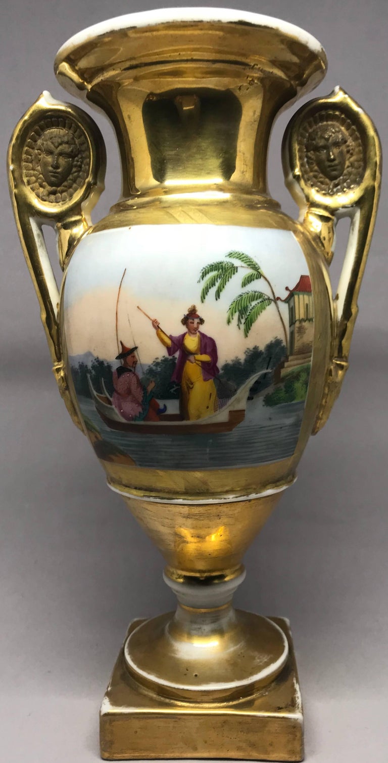 Hand-Painted Pair of Empire Gilt Chinoiserie Vases For Sale