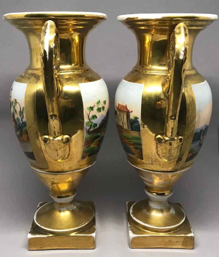 Porcelain Pair of Empire Gilt Chinoiserie Vases For Sale