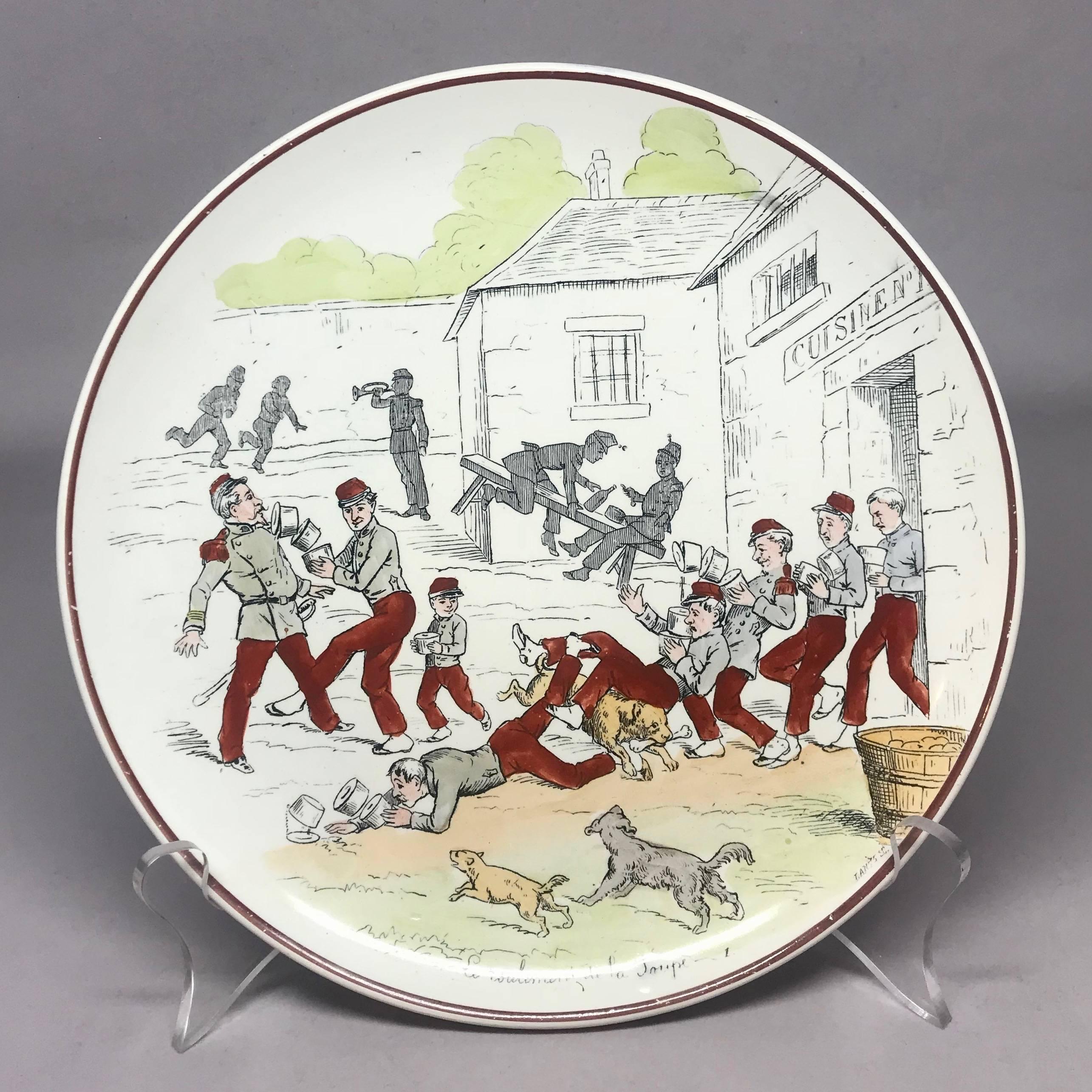 Set of ten French creamware military plates. Charming individually painted luncheon or dessert plates with military scenes from the time of Napoleon III; with markings for Creil et Montereau and Vie de Caserne on the reverse, France, late 19th