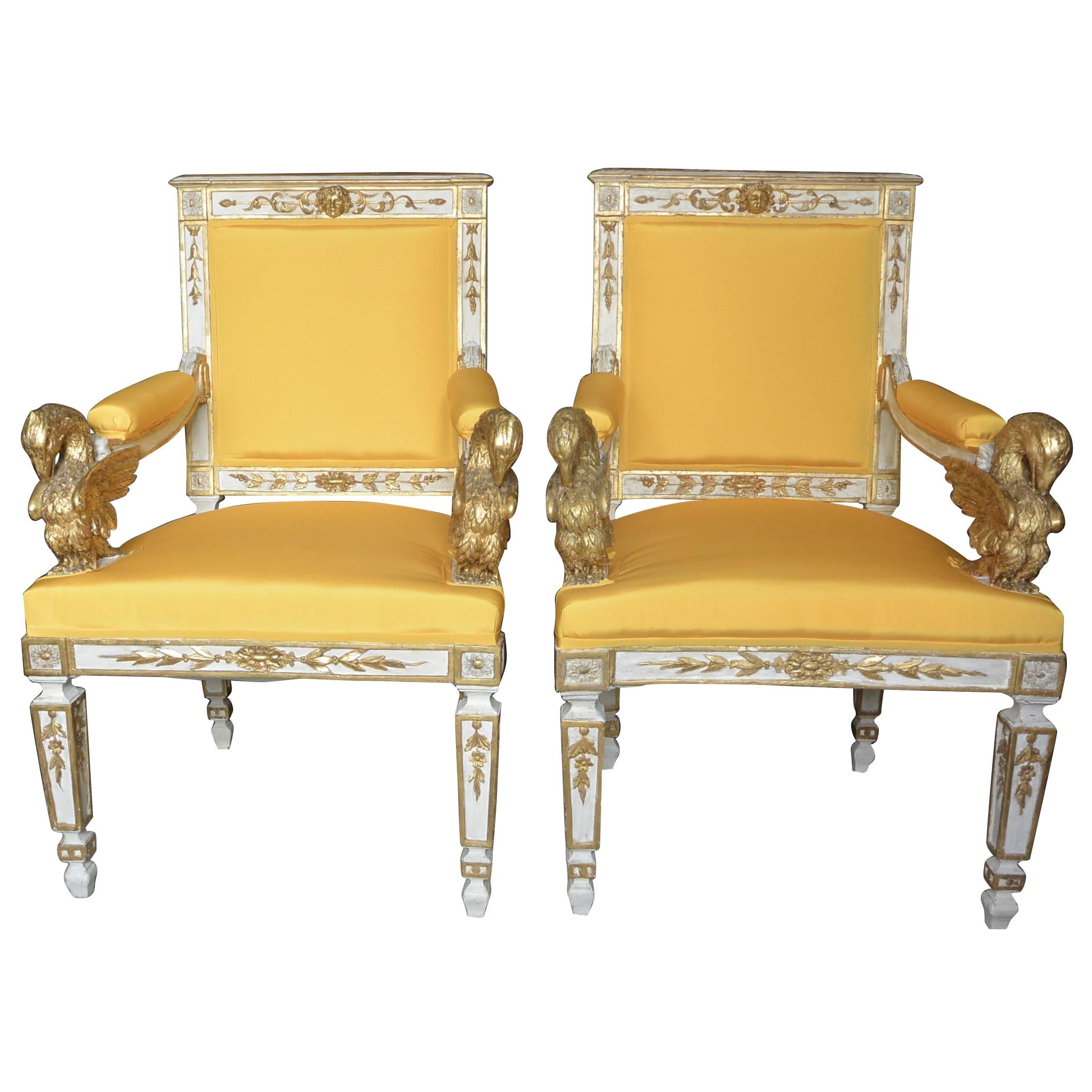 Pair Eagle Armchairs in Yellow Taffeta For Sale