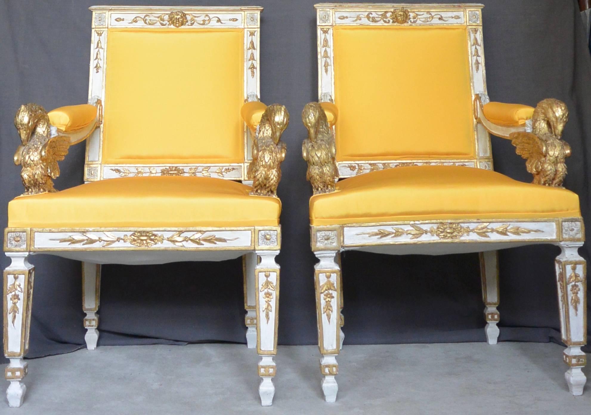 Empire Pair Eagle Armchairs in Yellow Taffeta For Sale