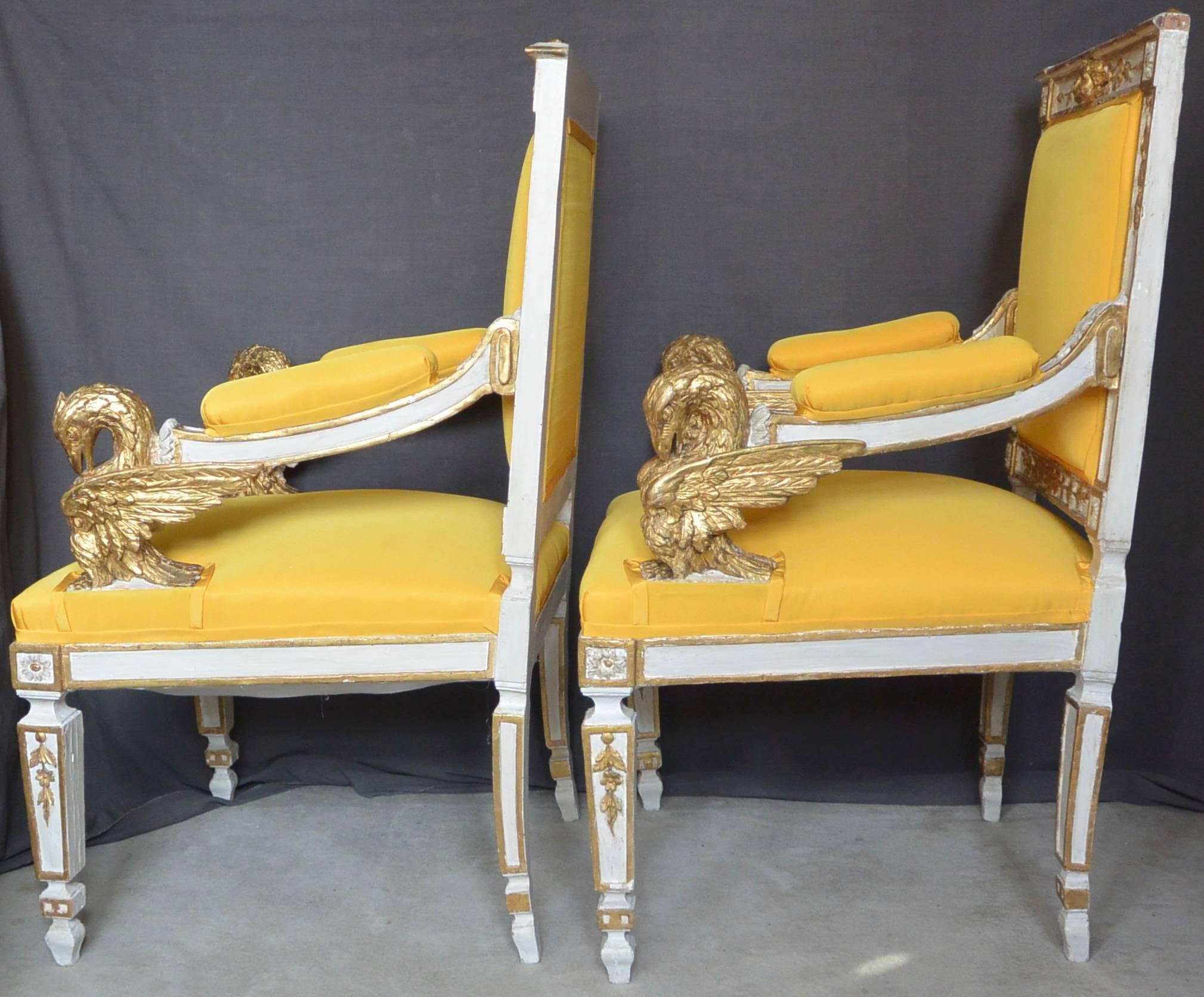 Italian Pair Eagle Armchairs in Yellow Taffeta For Sale