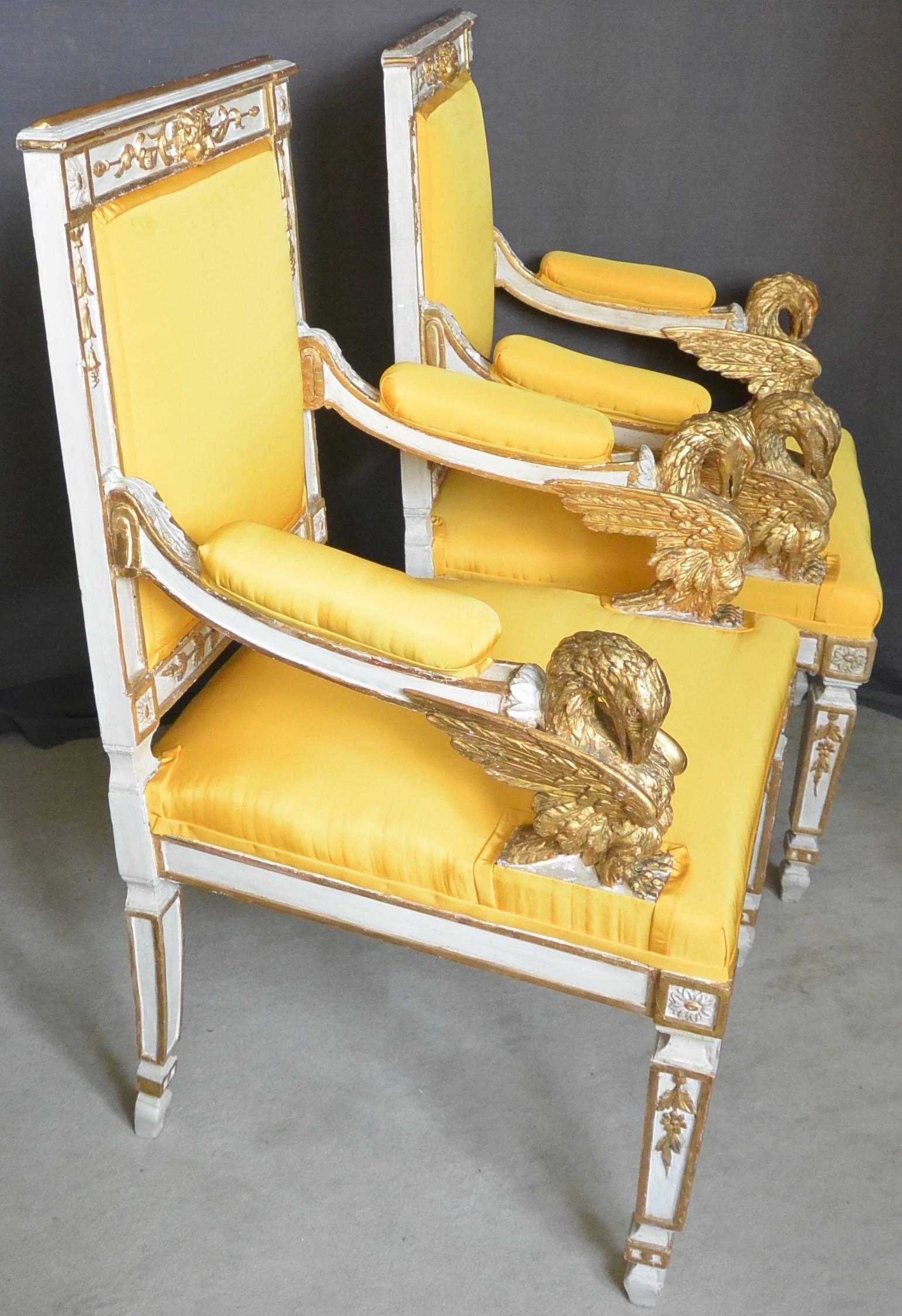 Hand-Carved Pair Eagle Armchairs in Yellow Taffeta For Sale