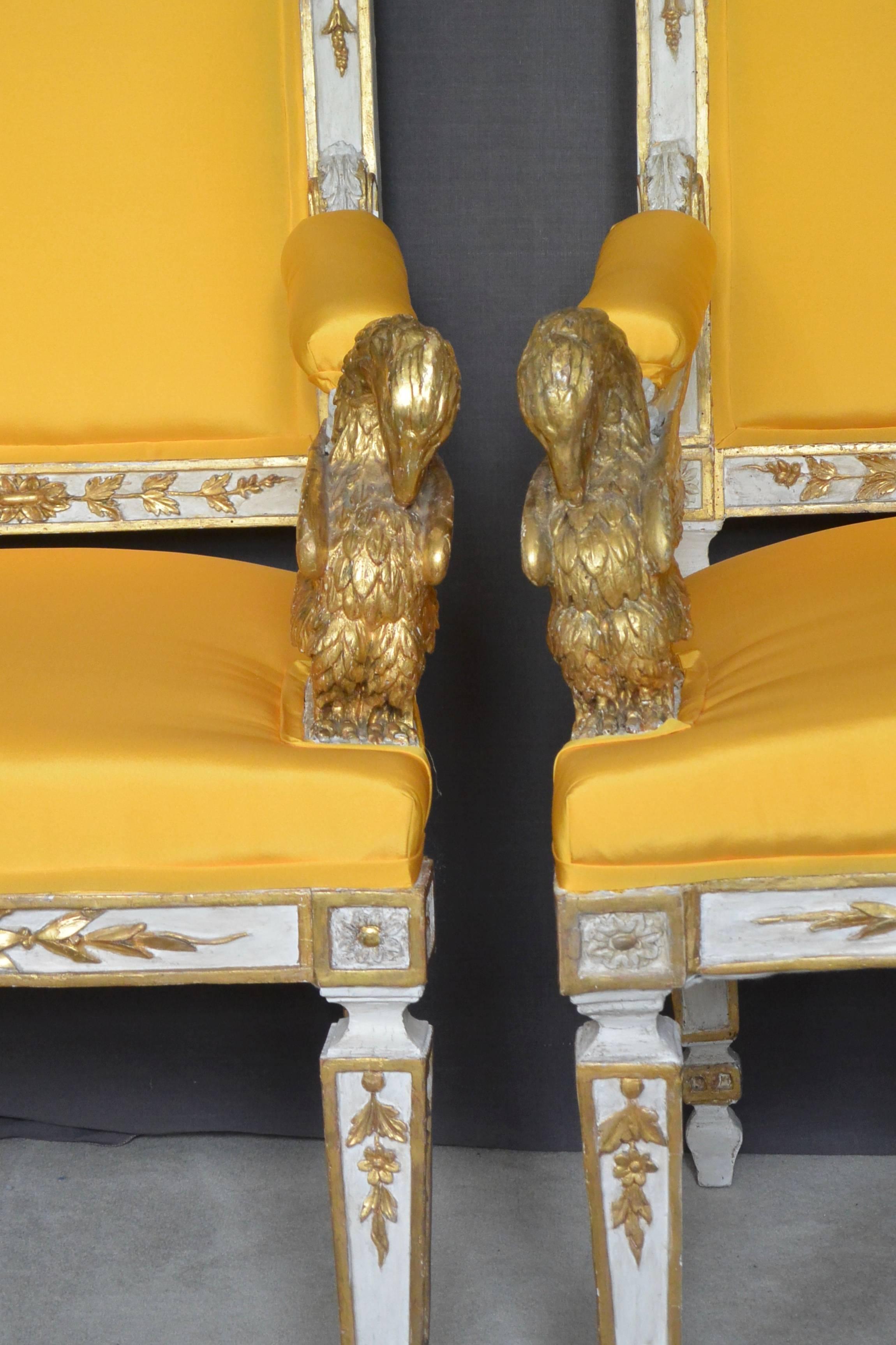 19th Century Pair Eagle Armchairs in Yellow Taffeta For Sale