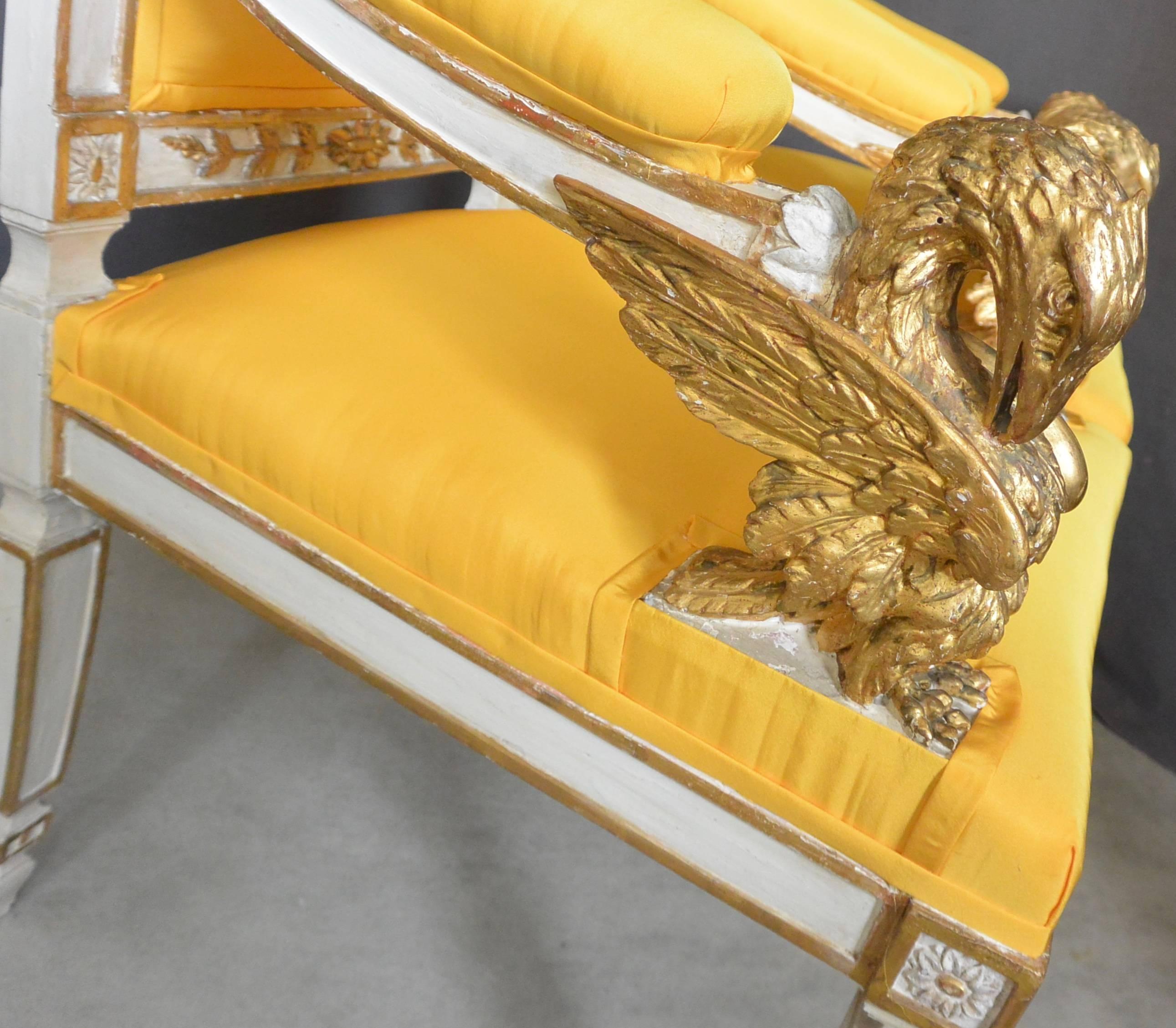 Giltwood Pair Eagle Armchairs in Yellow Taffeta For Sale