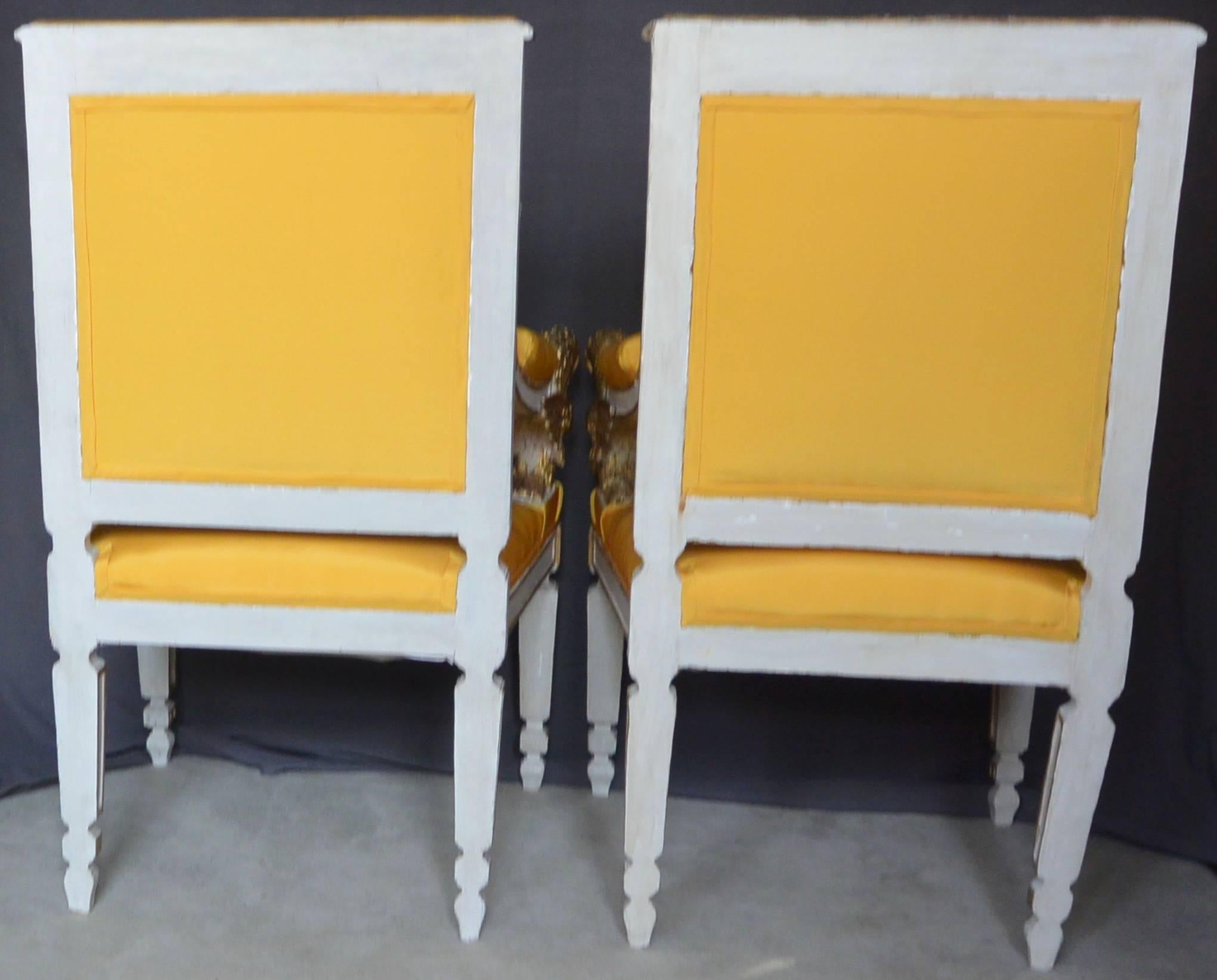 Pair Eagle Armchairs in Yellow Taffeta For Sale 2