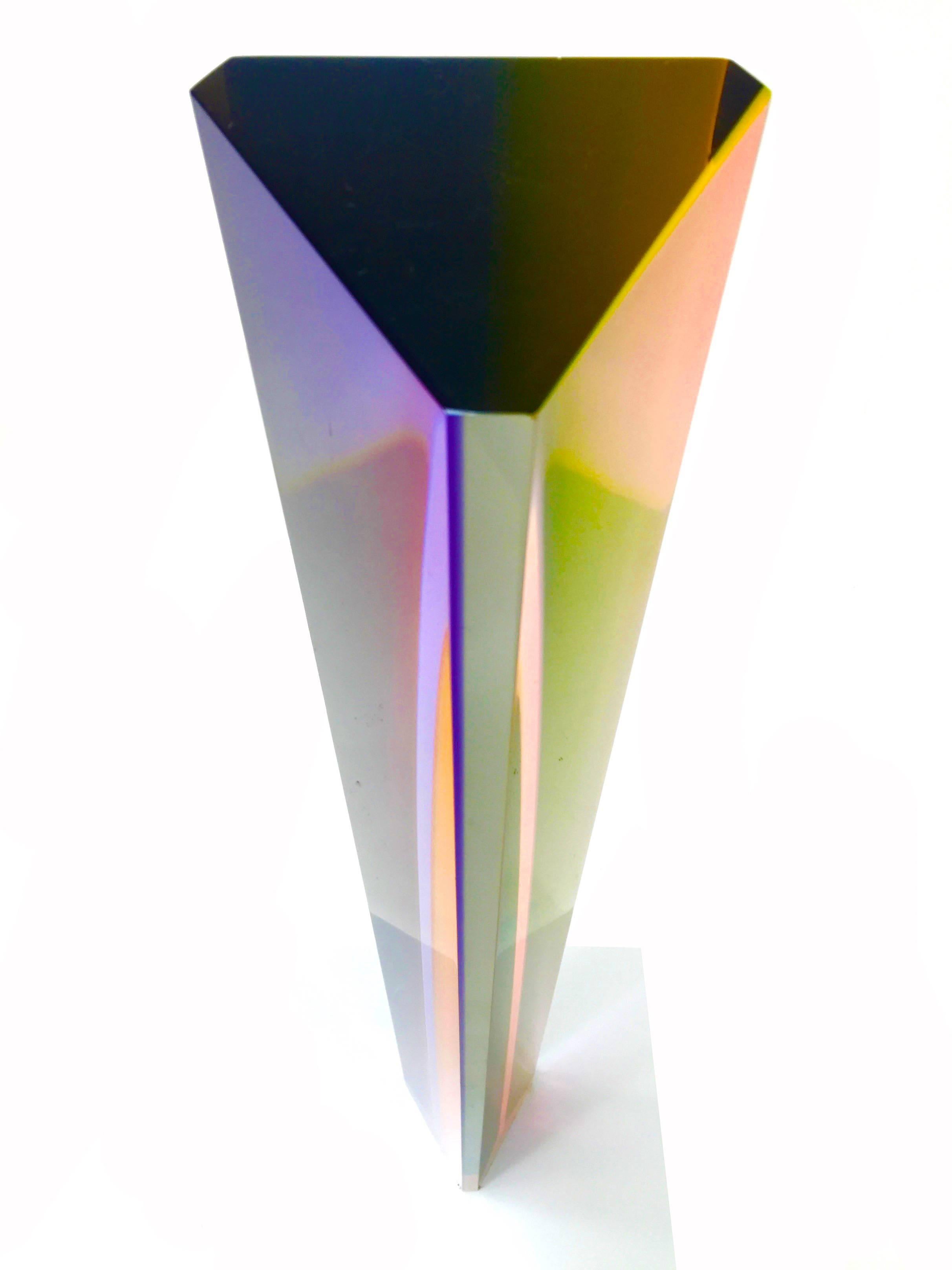 Large and impressive pink, orange, and purple sculpture by the renowned light and color refraction theorist and sculptor Vasa Velizar Mihich. Yugoslavian born and currently working and living in L.A. This piece is numbered "2040" and is a