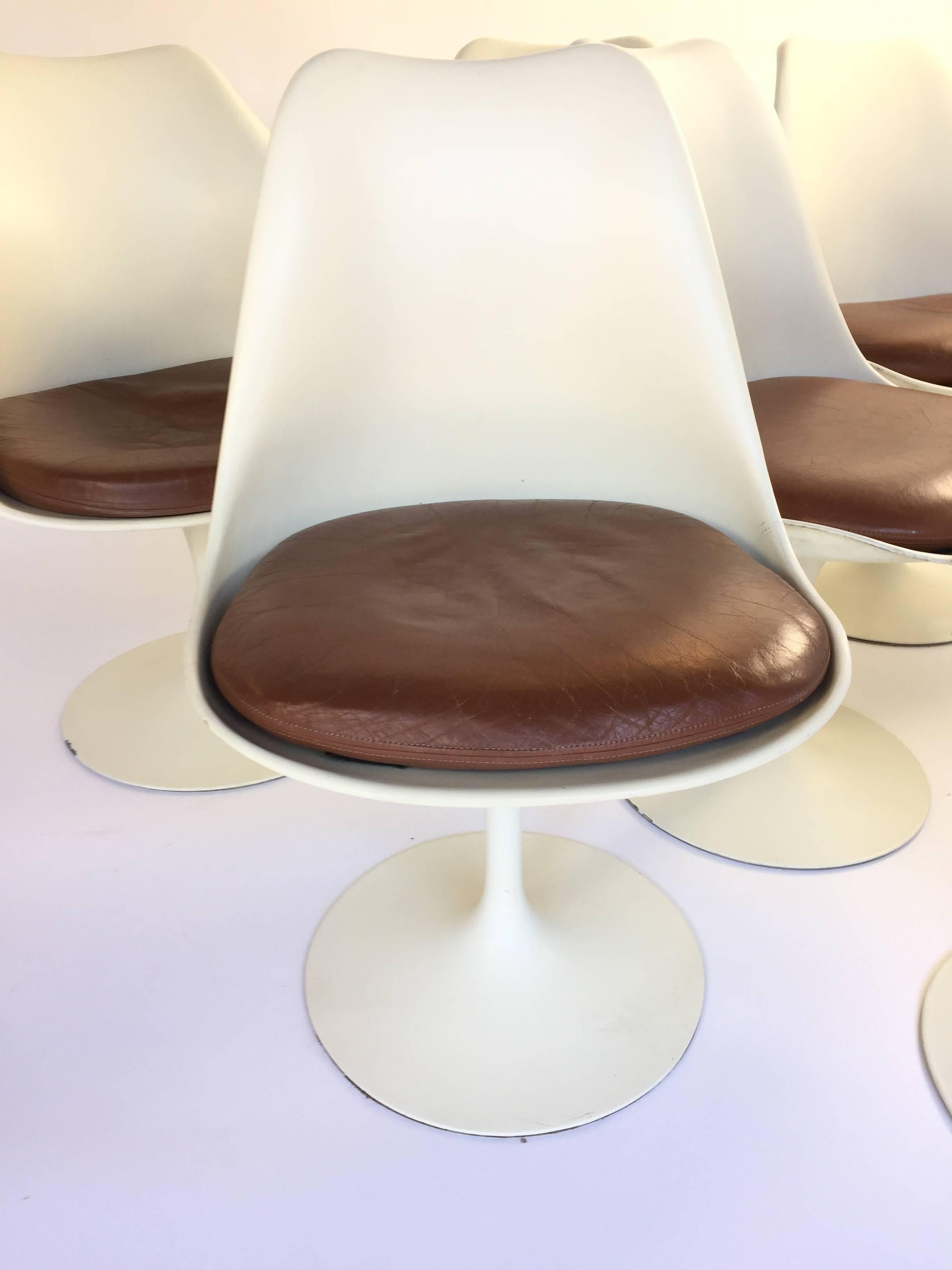 Mid-20th Century Eero Saarinen Lather Tulip Chairs, Set of Six For Sale