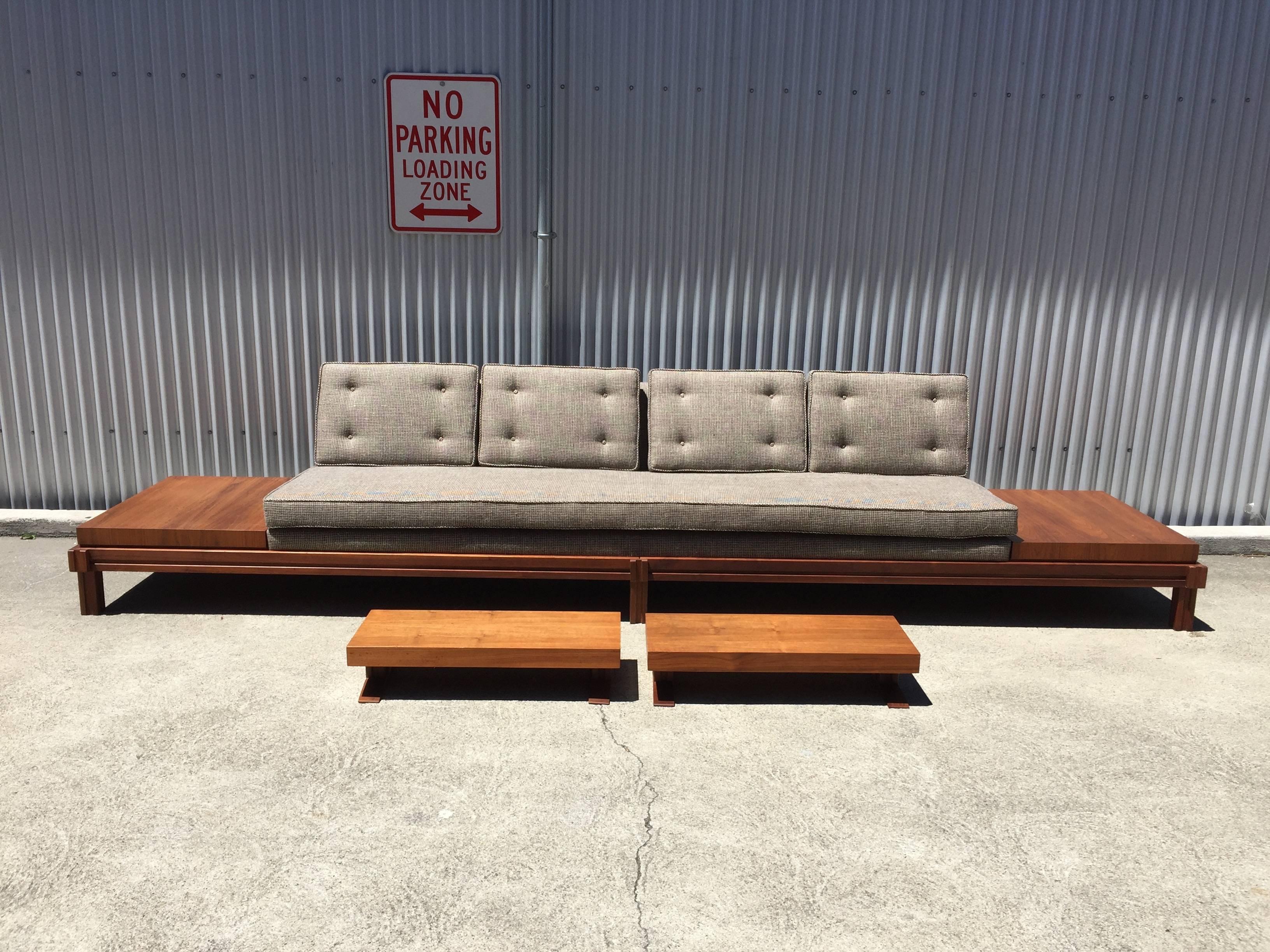 Newly upholstered MB Designs Gondola sofa by Martin Borenstein. Micro houndstooth upholstery in black and taupe wool. Removable accessory side tables can be used on side platforms or separately as coffee tables or stands.