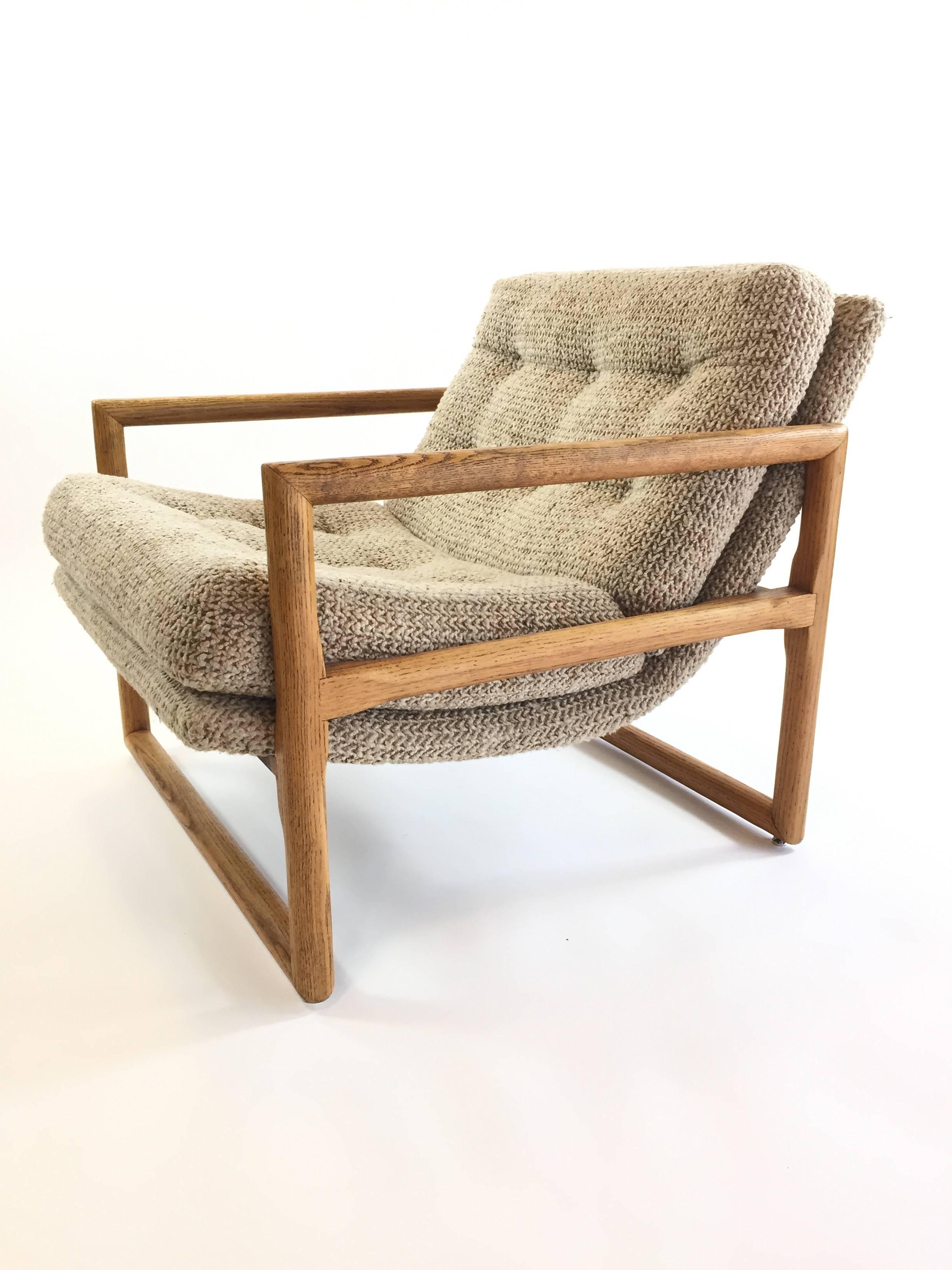 Milo Baughman Cube chairs for Thayer Coggin, circa 1970. Original woven upholstery. A few marks and spots on the fabric - easily cleaned and/or reupholstered.
