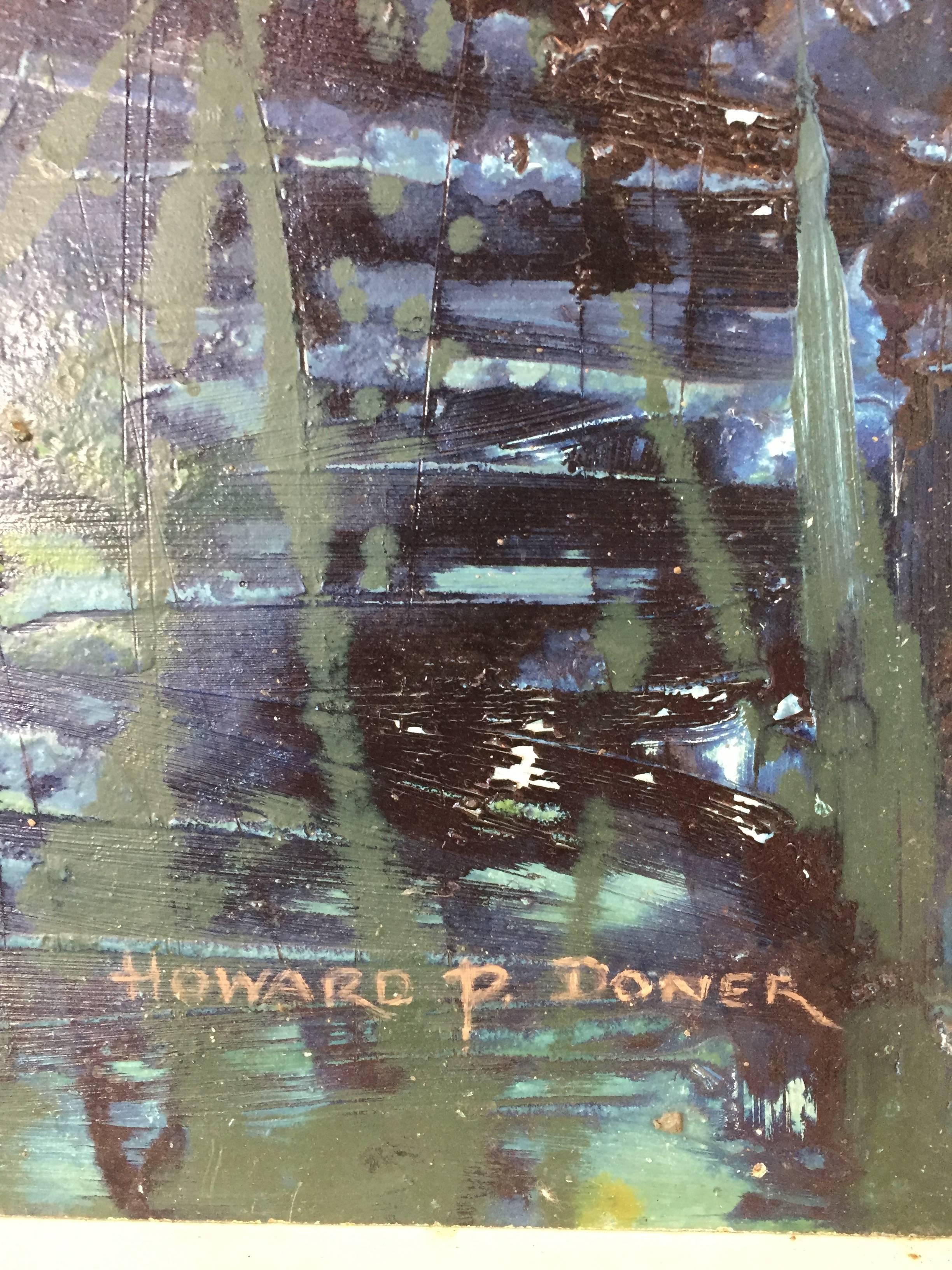 Abstract painting by Canadian artist Howard P. Doner. Includes pops of yellow, blue, and green on a dark base. Dimensions below include frame; frame adds 1/4 inch to each side and is 2.75 in deep, making the dimensions without frame 34.75 in W x