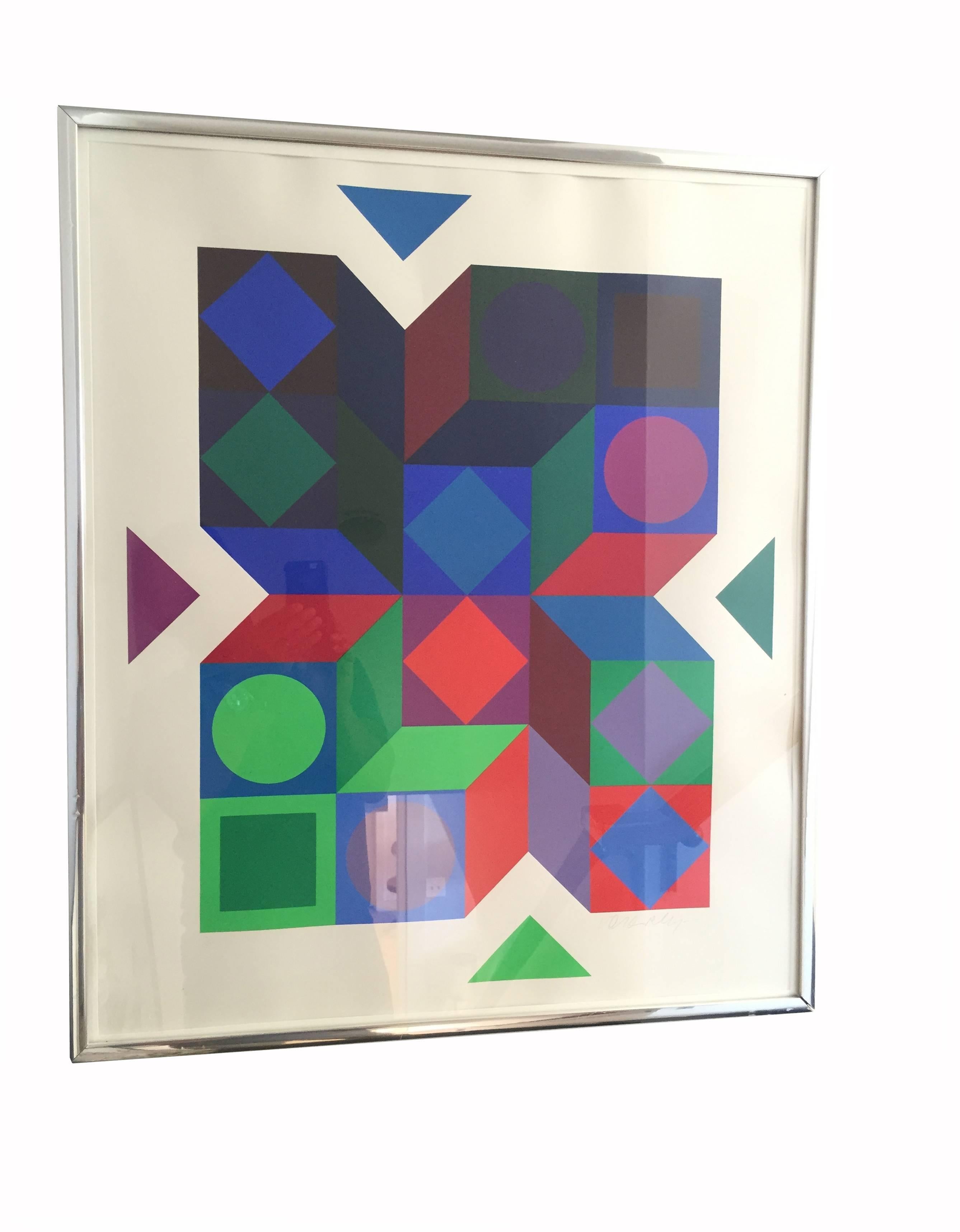 A silkscreen print signed by Vasarely in the lower right.  Edition of 300, numbered 9/300, dry stamp of publisher, Denise Renee Editeur, Paris, in lower left corner. Undated.