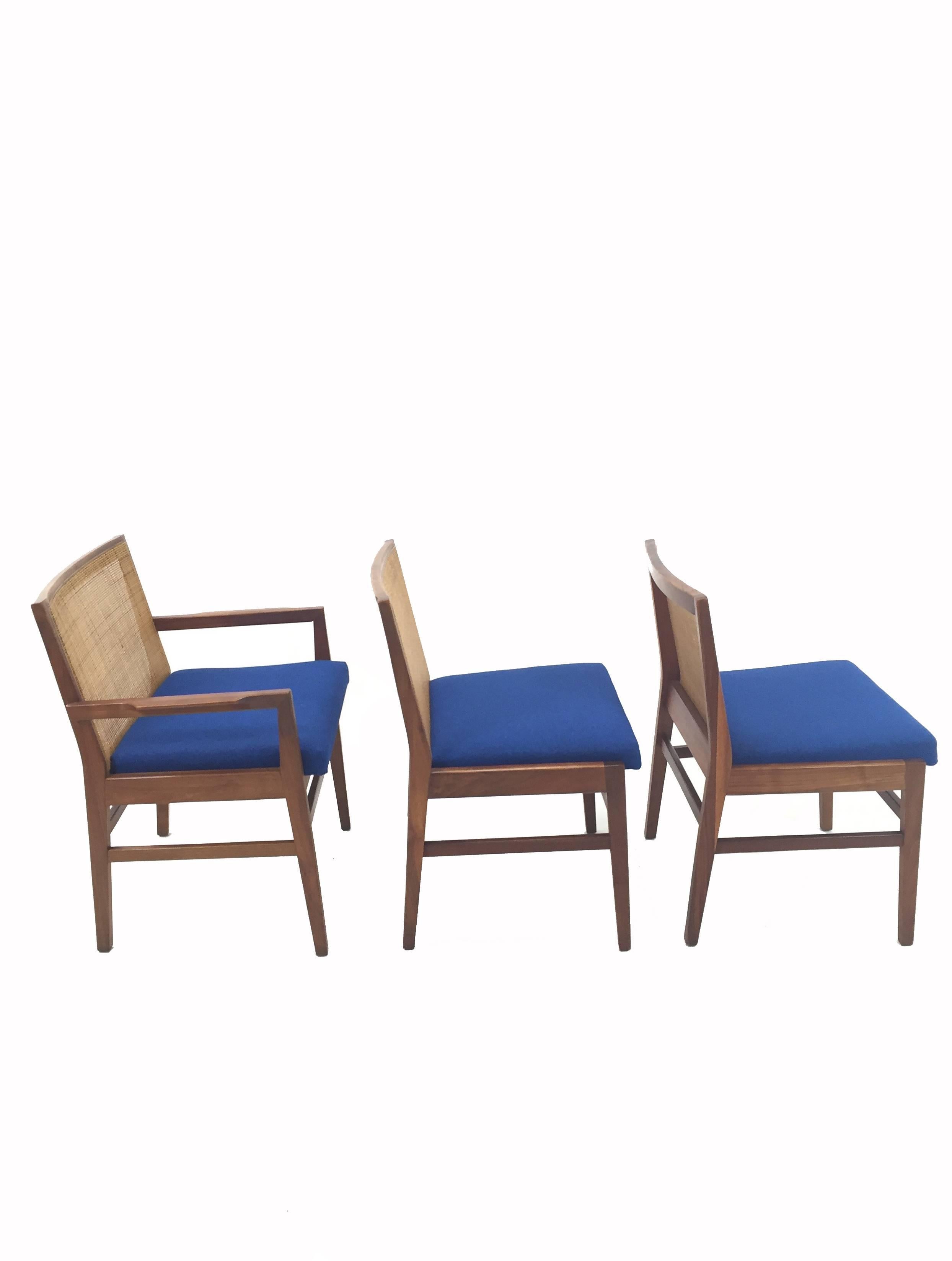 Set of six solid American cane and black walnut Milo Baughman dining chairs for the Arch Gordon Furniture Co. Two armchairs and four side chairs. Caned panel in back and newly upholstered seat in cobalt tweed. Two or three fleabites (broken single