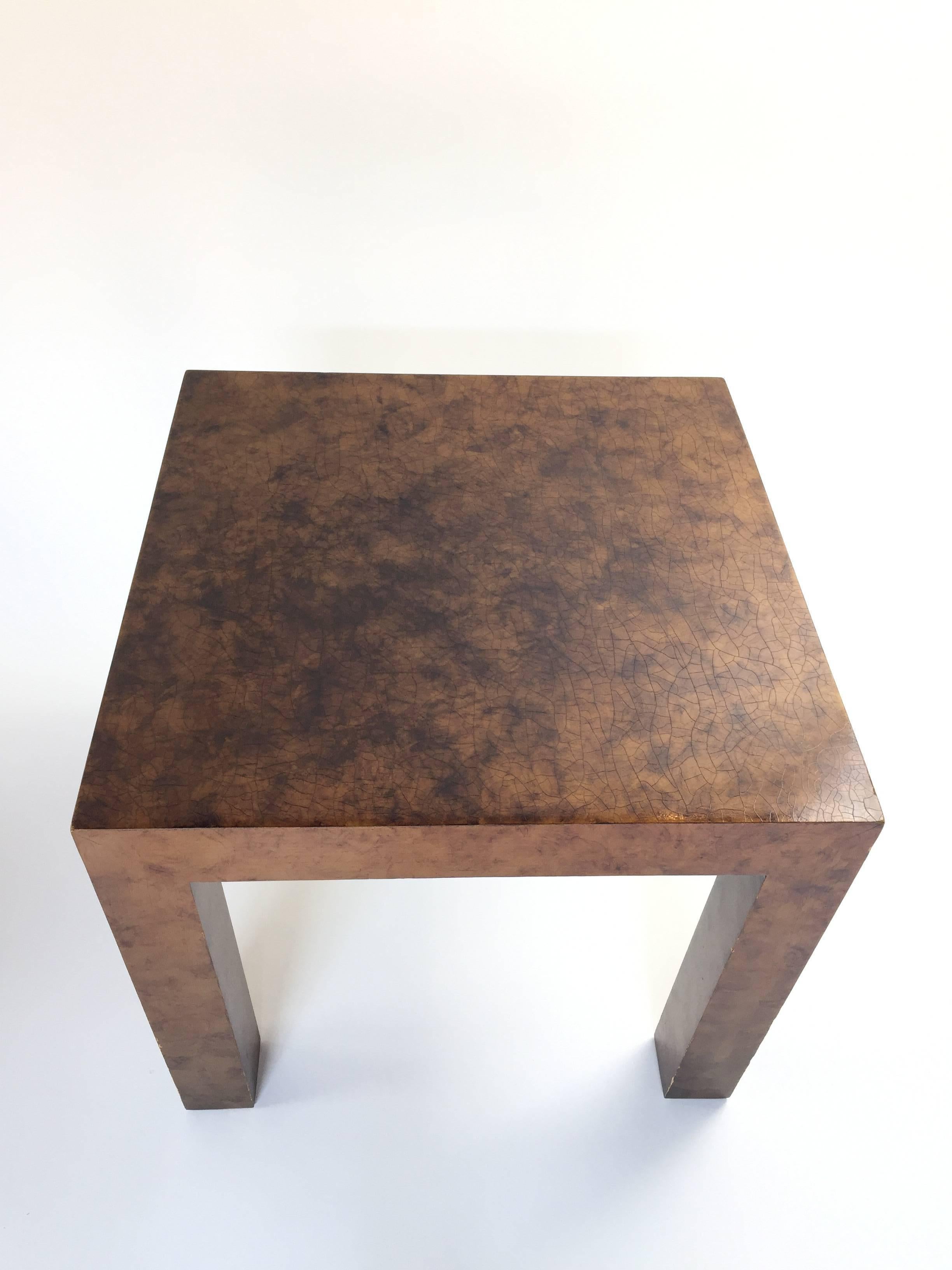Set of three crackle-top finish burl wood side tables by Milo Baughman for Thayer Coggin.