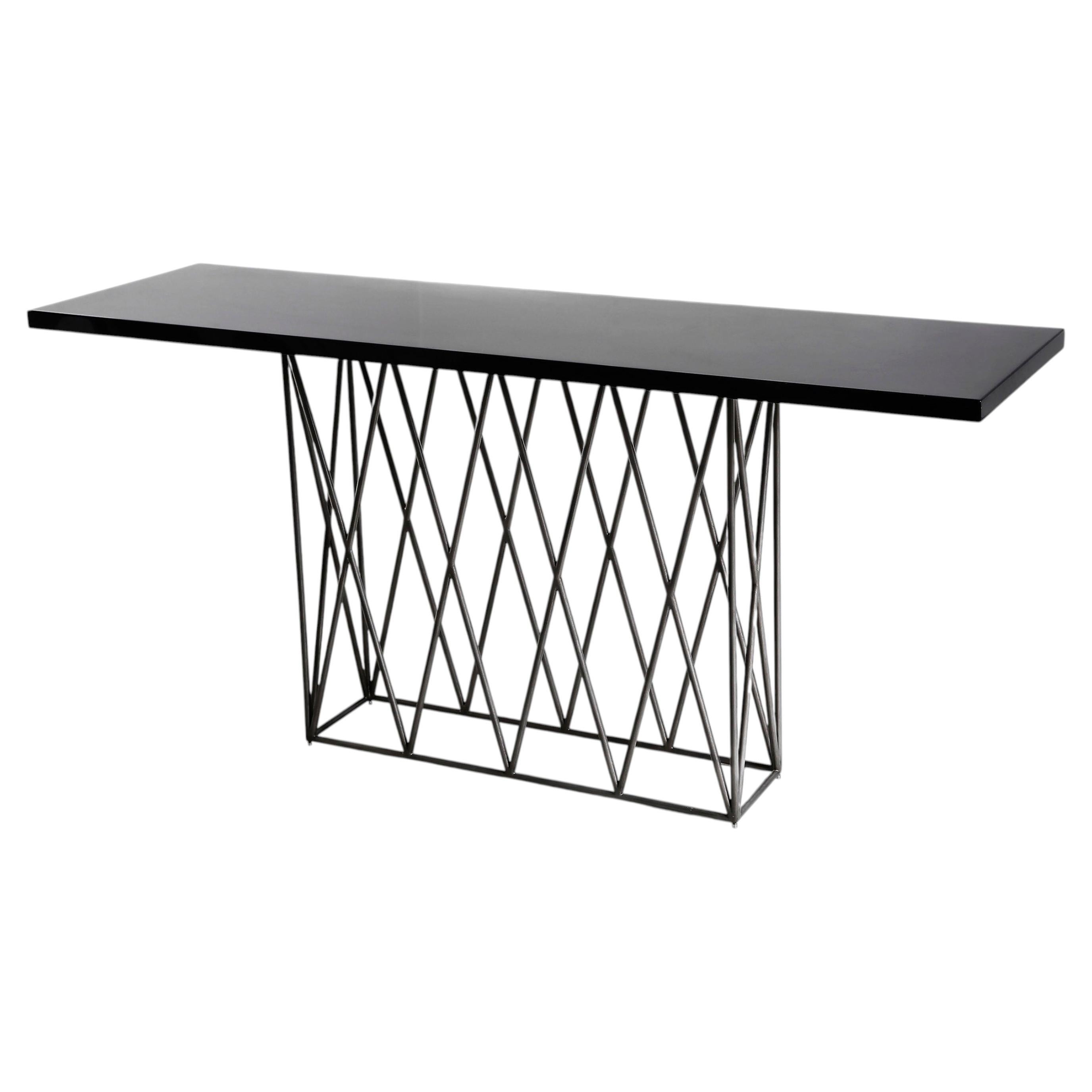 Eiffel Console in Hand Patinated Silver Leaf on Steel Base and Black Lacquer