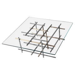 Mikado Coffee Table in Hand Polished Stainless Steel, Brushed Brass and Glass