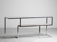 Infinity Console in Hand Polished Stainless Steel and Travertino Marble