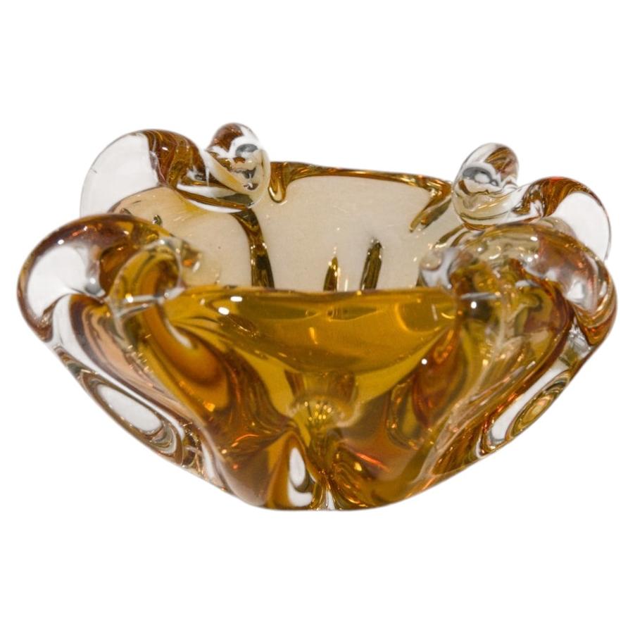 Mid-Century Amber Glass Bowl or Ashtray, Thick Sculptural Form, 1970s
