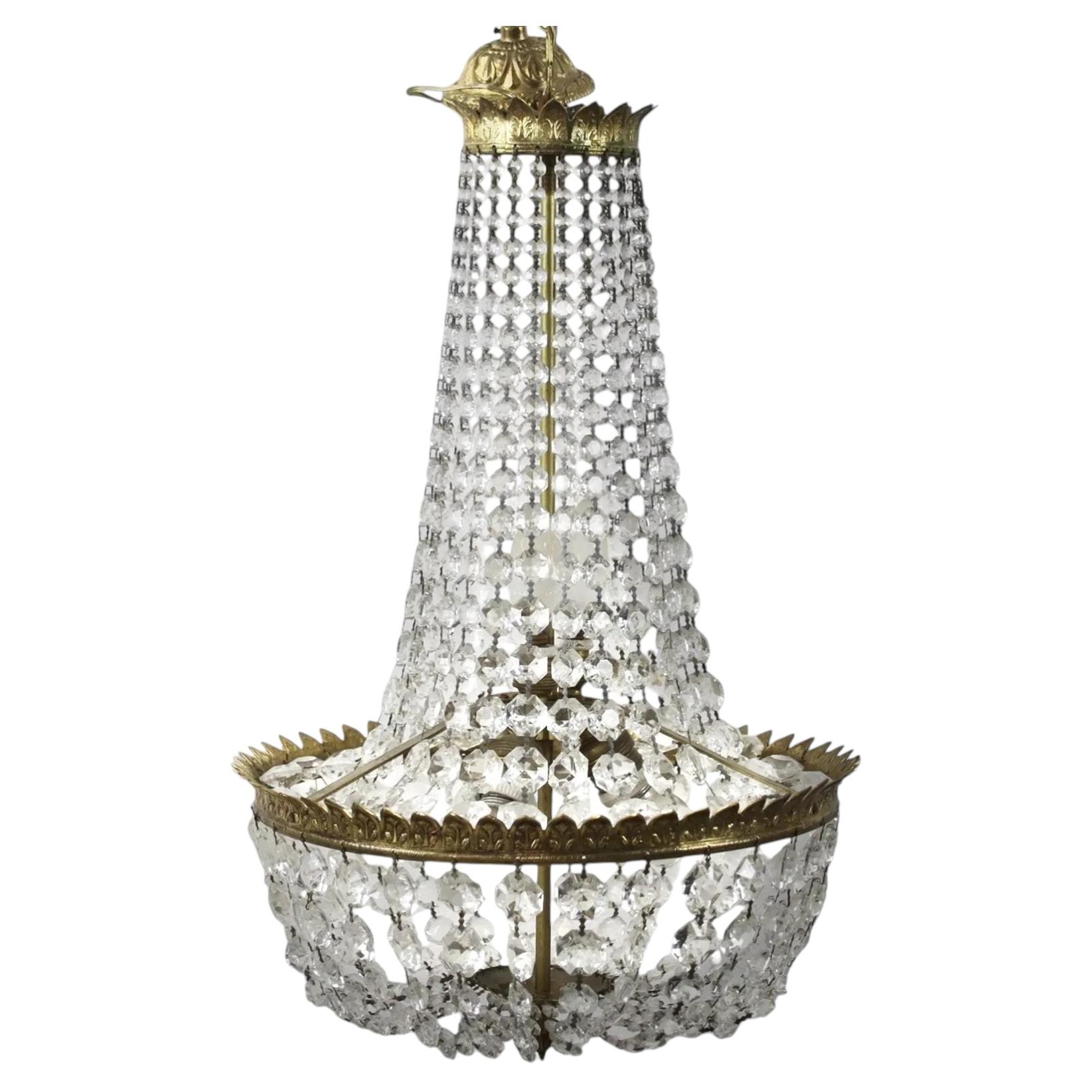 French Style Gilt Metal and Crystal Basket Chandelier
