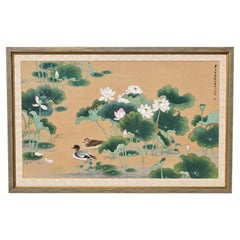 Large Chinese Watercolor Painting of Ducks and Lotus, Framed