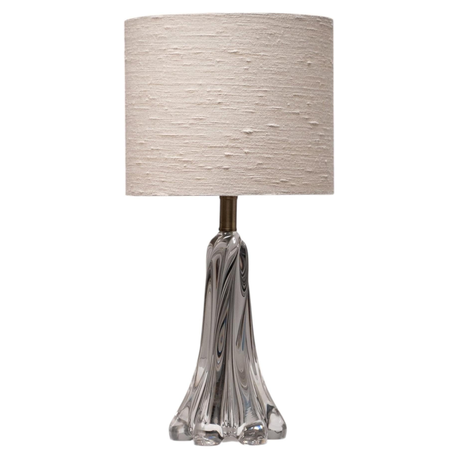 Large French Crystal Table Lamp with Sculptural Base and Silk Shade, 1960s For Sale
