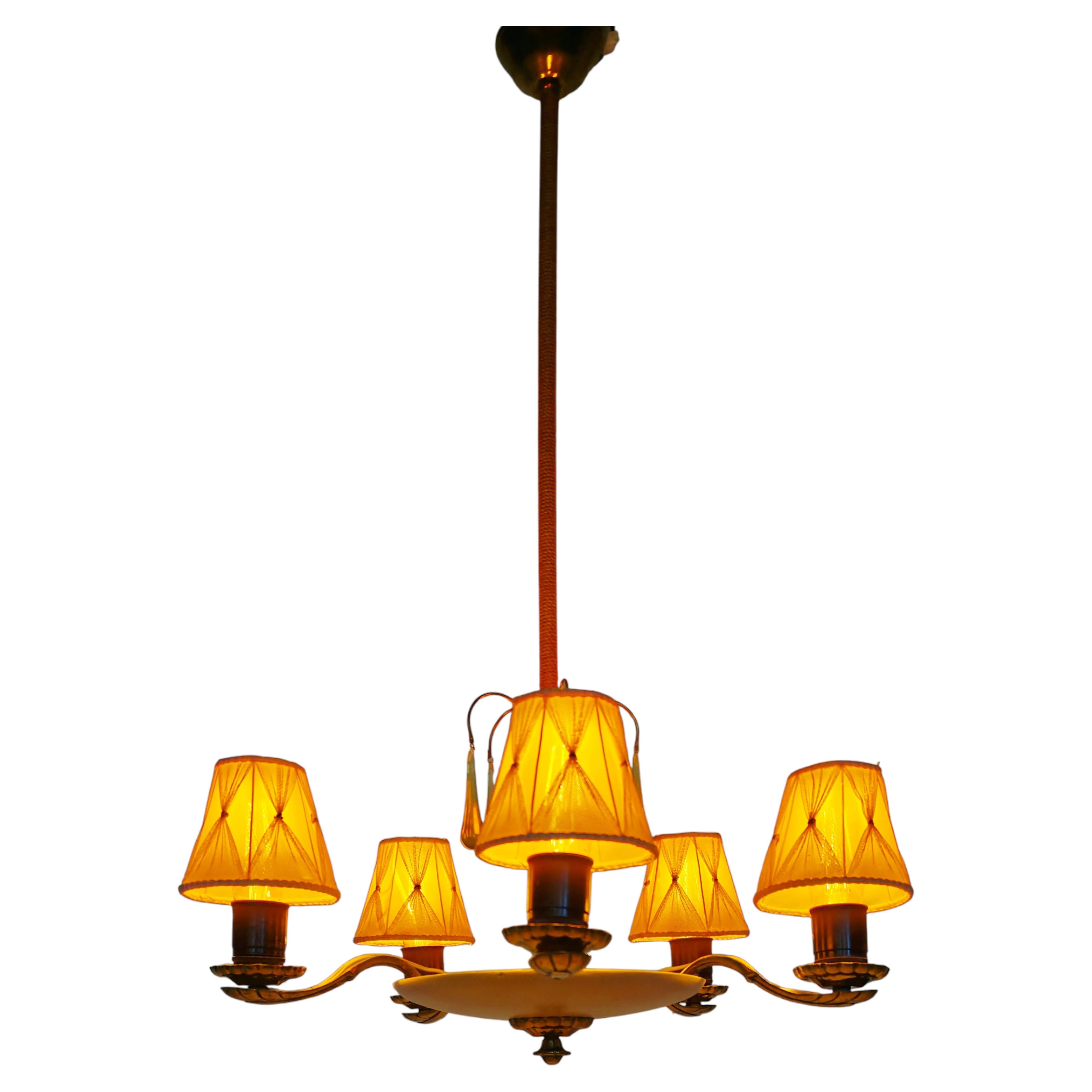 Scandinavian Modern Five-Arm Brass Chandelier with Original Silk Shades, 1950s