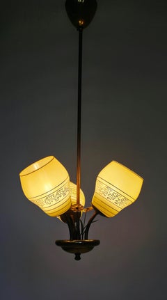Scandinavian Modern Three-Arm Brass Chandelier with Opaline Glass Shades, 1950's