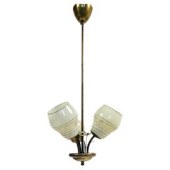Scandinavian Modern Three-Arm Brass Chandelier with Opaline Glass Shades, 1950's