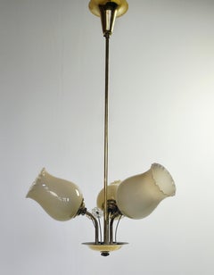 1960s Finnish Brass Three-Arm Chandelier by Sario with Opaline Glass Shades