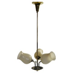 1960s Finnish Brass Three-Arm Chandelier by Sario with Opaline Glass Shades