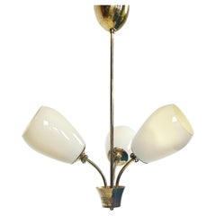 Finnish Brass Three-Arm Chandelier By Stockmann-Orno with Opaline Glass Shades
