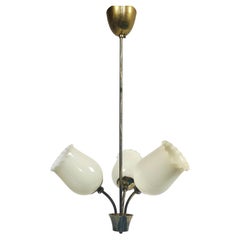 Mid-Century Finnish Brass Chandelier By Stockmann-Orno, Opal Glass Shades 1960's