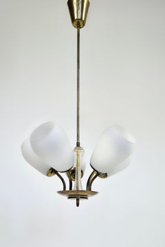 Mid-Century Brass Chandelier with Opaline Glass Shades and Textured Glass Stem