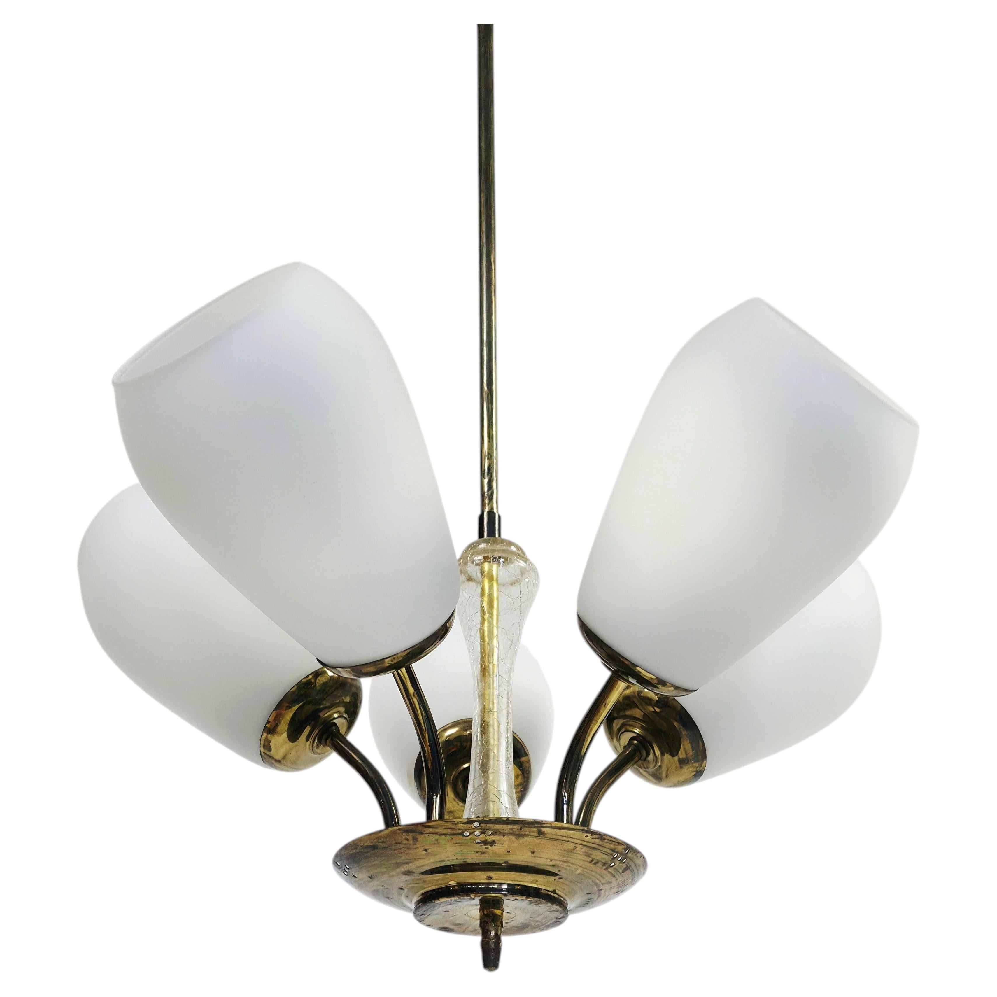 Mid-Century Brass Chandelier with Opaline Glass Shades and Textured Glass Stem