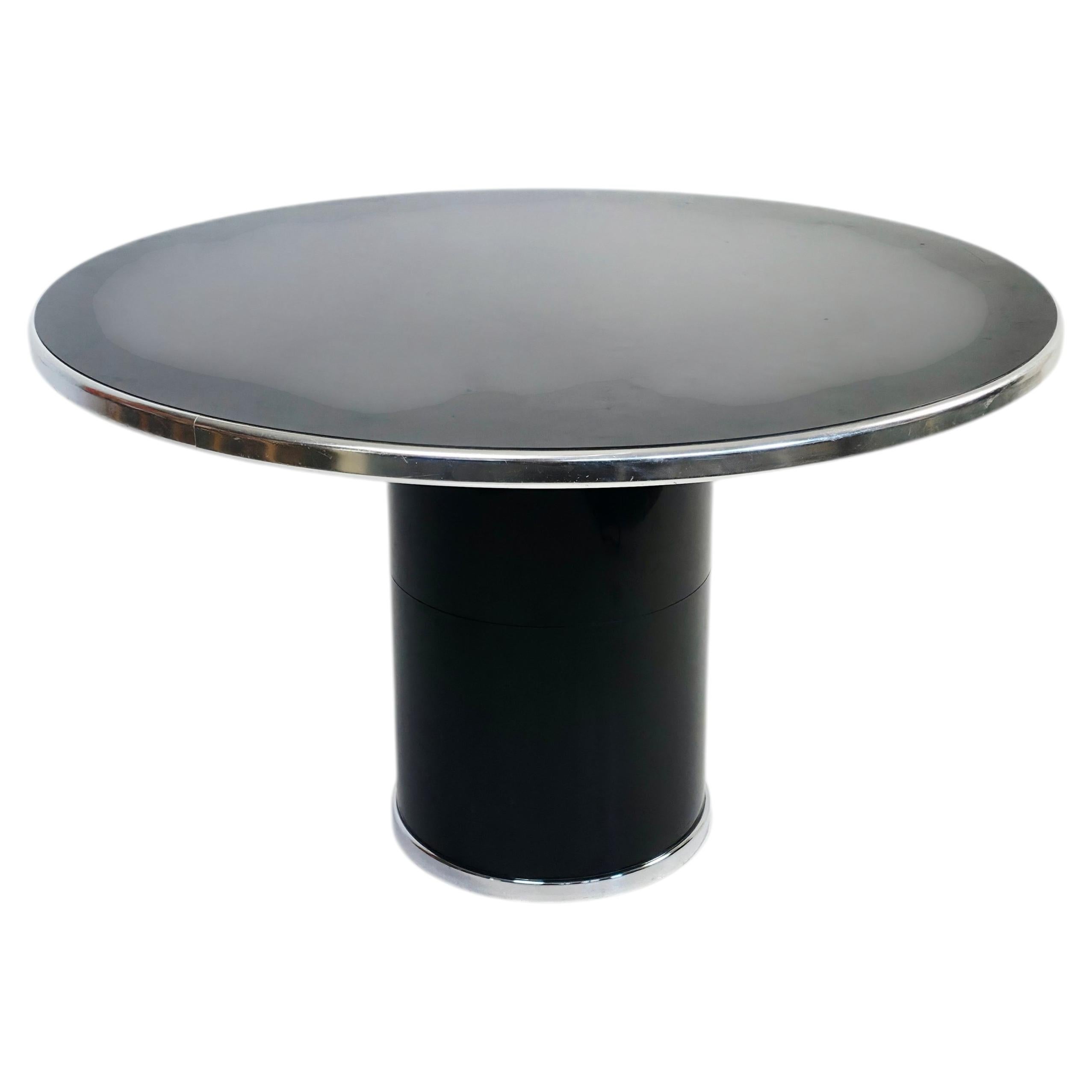 Italian 1970s Black Round Pedestal Dining Table with Chrome Trim For Sale