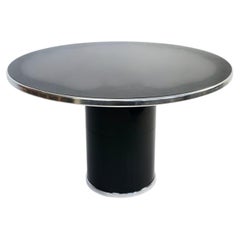 Italian 1970s Black Round Pedestal Dining Table with Chrome Trim
